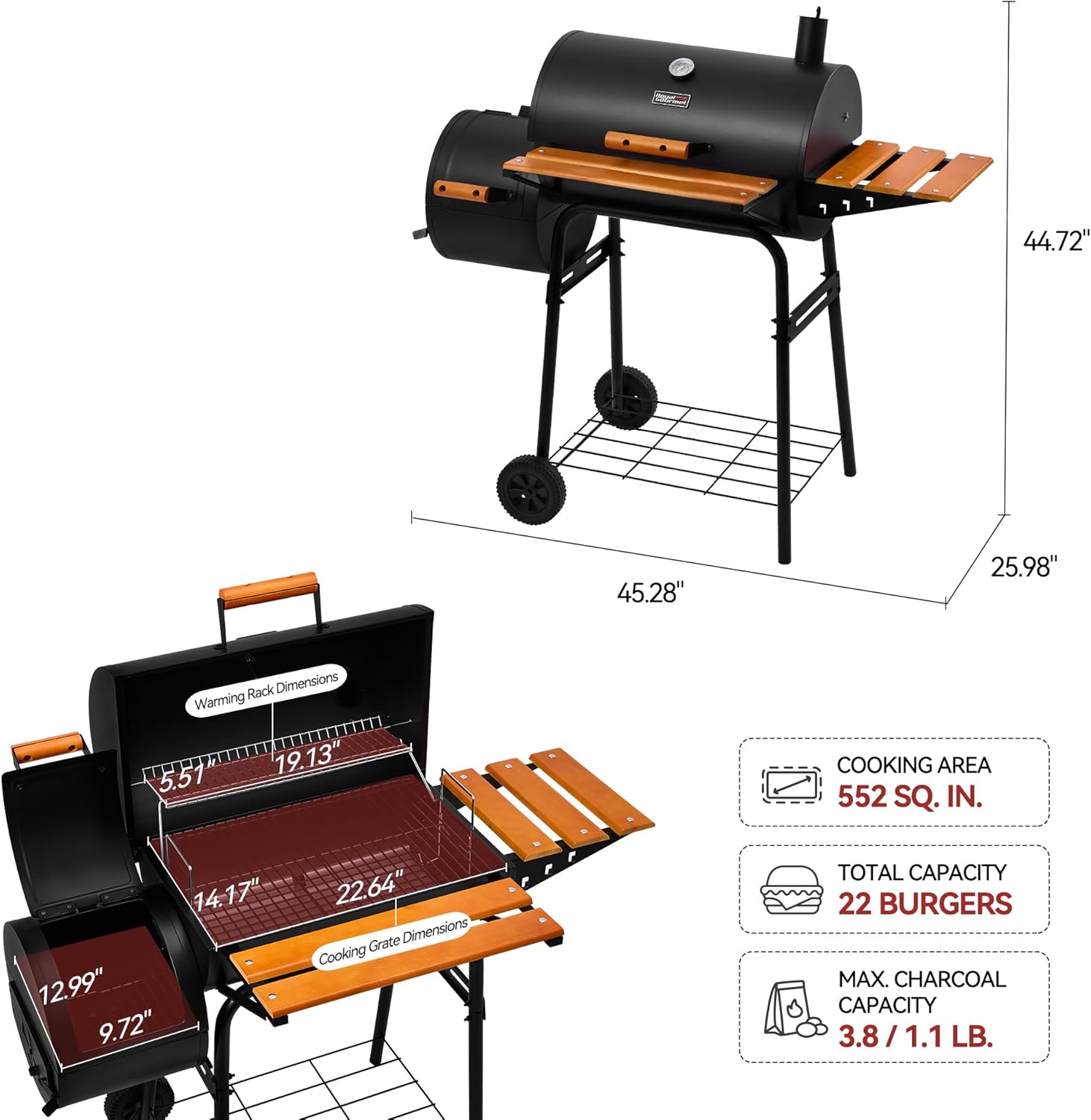 Royal Gourmet CC1624W Barrel Charcoal Grill with Offset Smoker, 552 Sq. In. Cooking Area, Wooden Front and Side Shelf with Hooks, Mesh Bottom Shelf, Charcoal Grill for Outdoor Grilling, Black