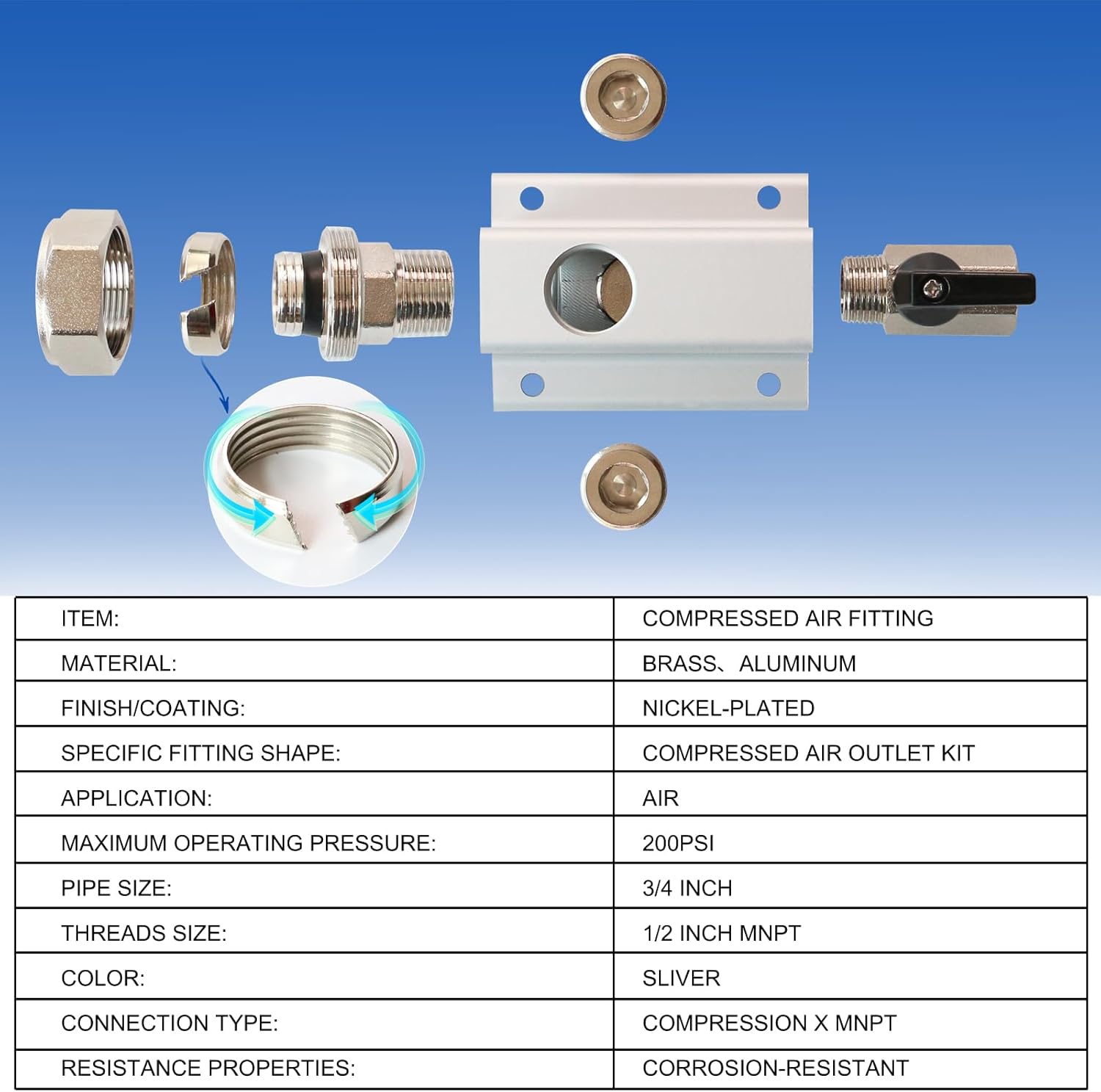 2PCS 3/4'' Compressed Air Outlet Kit, 1/2 Inch NPT Outlet Port, Only for 3/4 Inch Compressed Air Piping System, Equipped with Straight Air Piping Fittings and Brass Valves
