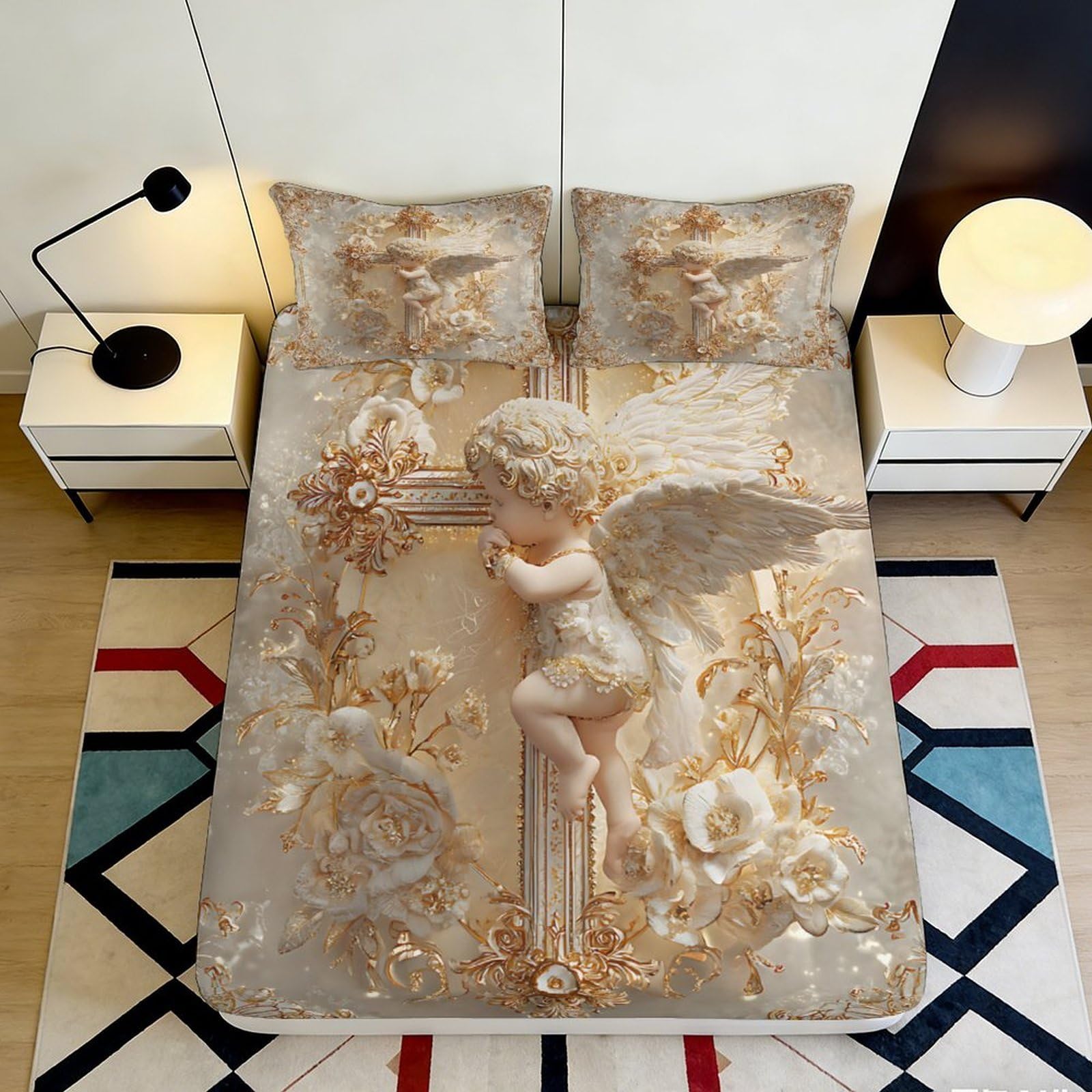 3D Printed Angel Floral Fitted Sheet Microfiber Soft Breathable Cherub Bed Sheet for Bedroom Dormitory Guest Room Mattress Protection Decor 90x200x25cm