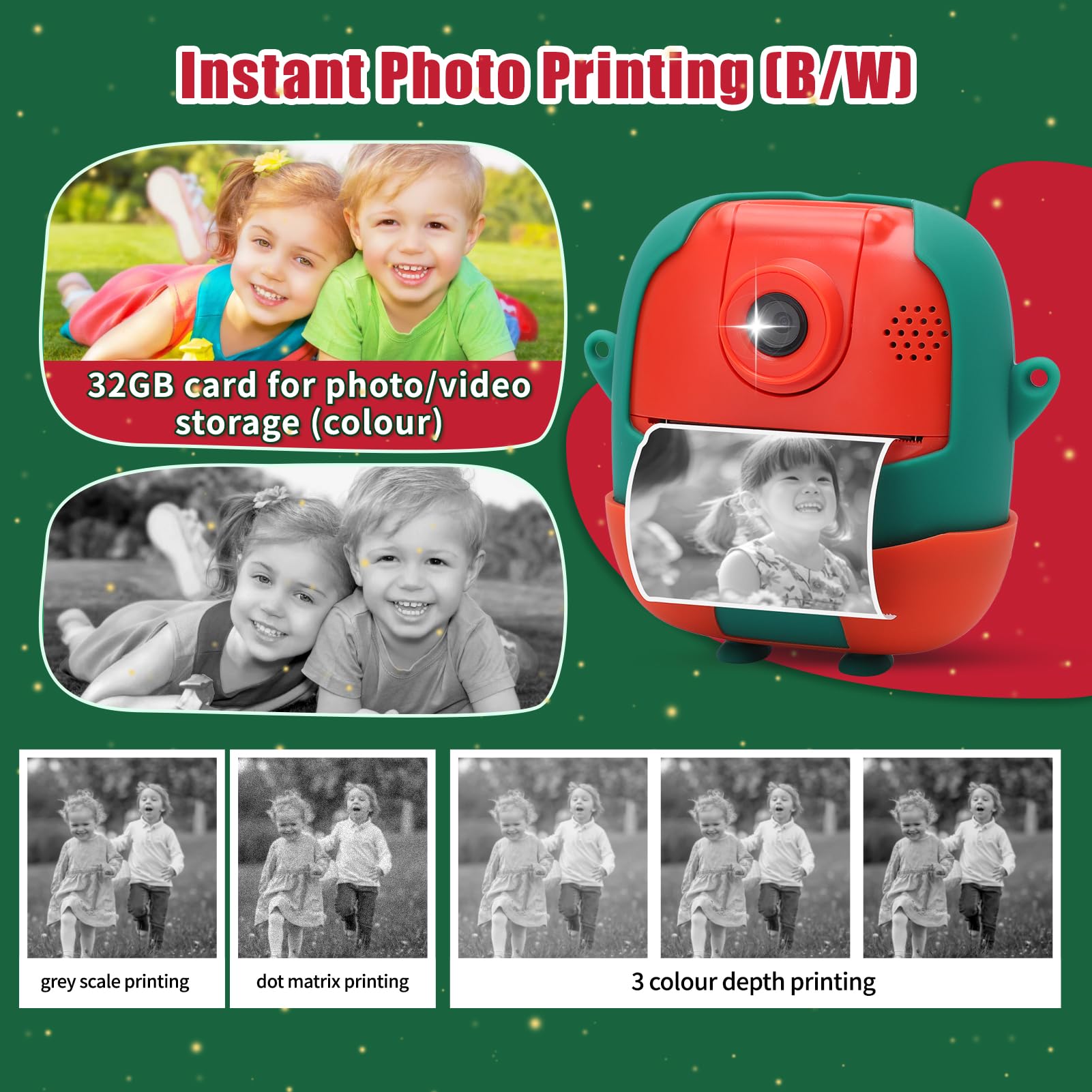 Macchina fotografica di stampa istantanea per i bambini, 24MP & 1080P bambini fotocamera digitale, Natale regalo di compleanno per la ragazza ragazzo età 3-12, stampa foto in bianco e nero (Natale)