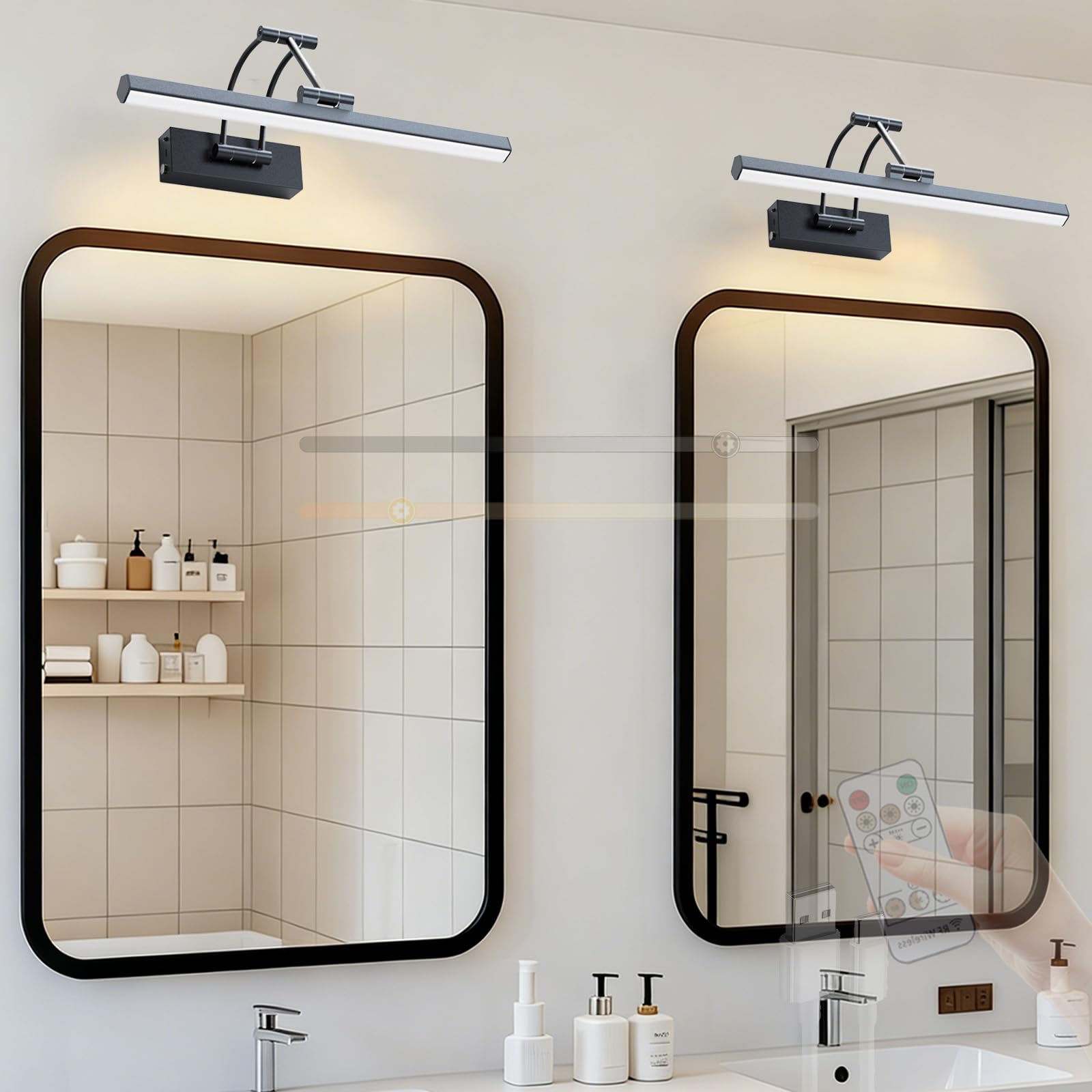 LED Lampada Specchio Bagno Ricaricabile Applique da Parete con Telecomando Dimmerabile Iluminazioni per Pareti Angolo Regolabile per Illuminare Quadri Soggiorno Trucco (Nero 40cm,2 Pezzi)