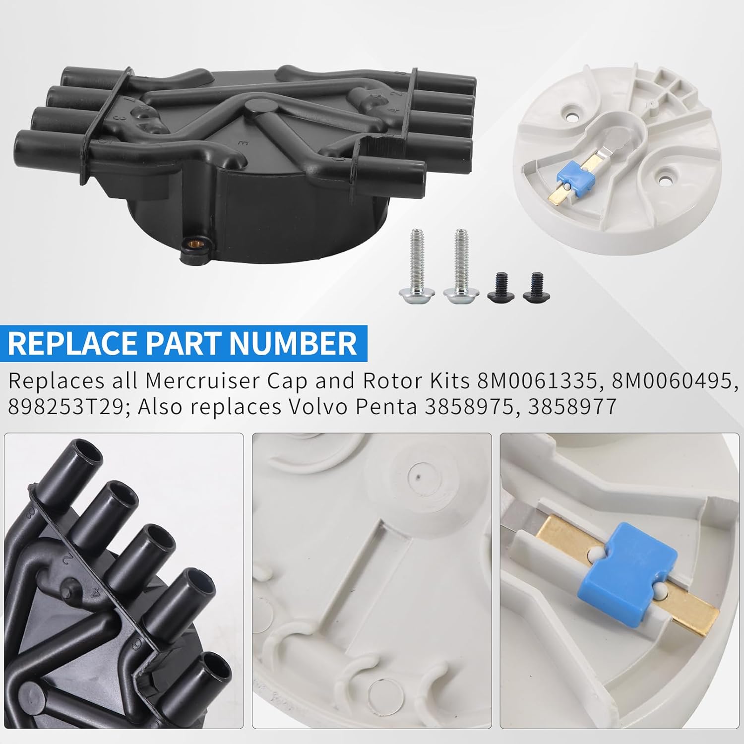 V8 Distributor Cap and Rotor kit for Mercruiser and Volvo Penta 5.0, 5.7, 6.2 Engines, 350 MAG MPI 5.0 5.7 GXI GI - 898253T29, 8M0060495, 3858975, 3858977, 18-5247, 8M0061335