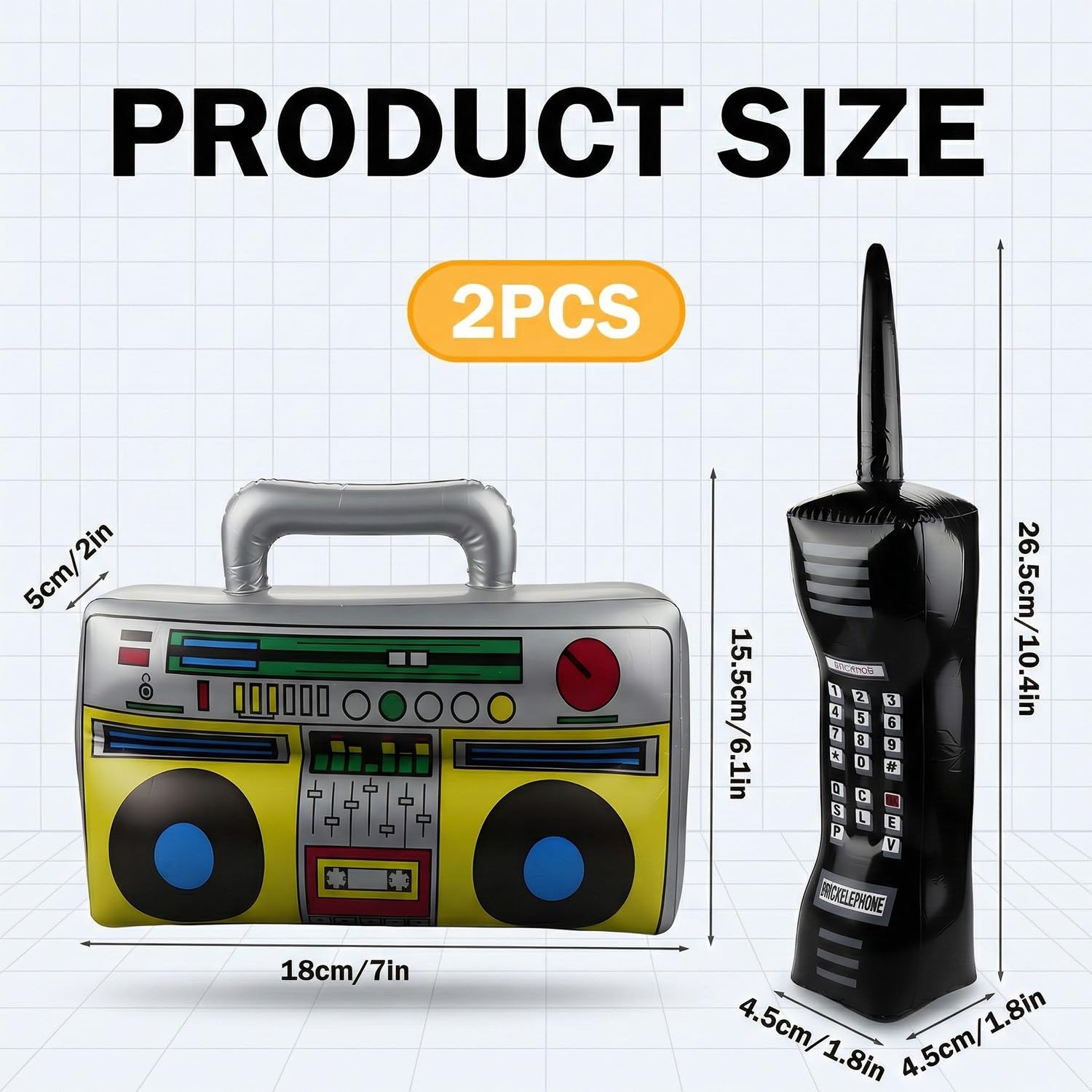Hopzab 2 PCS Inflatable Boom Box and Oversized Phone Props Set Inflatable Rock Star Toys Set-Blow up Radio Stereo and Jumbo Phone for Retro 80s 90s Party Fancy Dress Accessories Party Decorations - Image 2