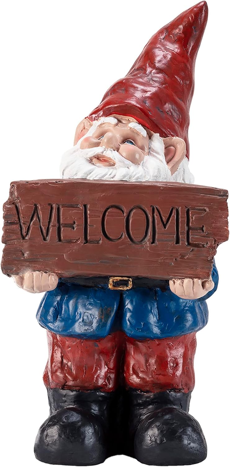 Alpine Corporation 22" Tall Outdoor Garden Gnome with Welcome Sign Yard Statue Decoration, Multicolor