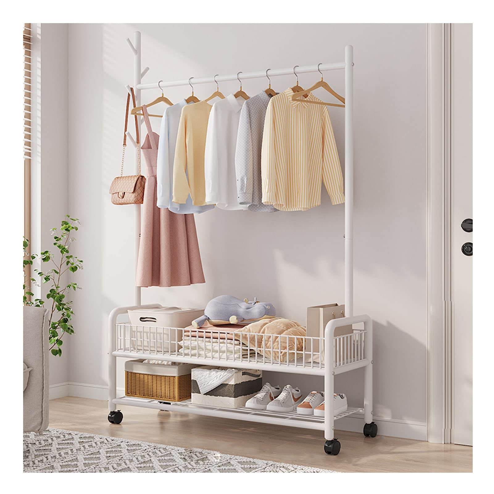 YNBSHGAA Heavy Duty Hall Tree with Metal Hooks - Movable Garment Rack with 2-Tier Storage Shelves - Freestanding Coat Hanger for Bedroom Entryway & Living Room,White-120cm