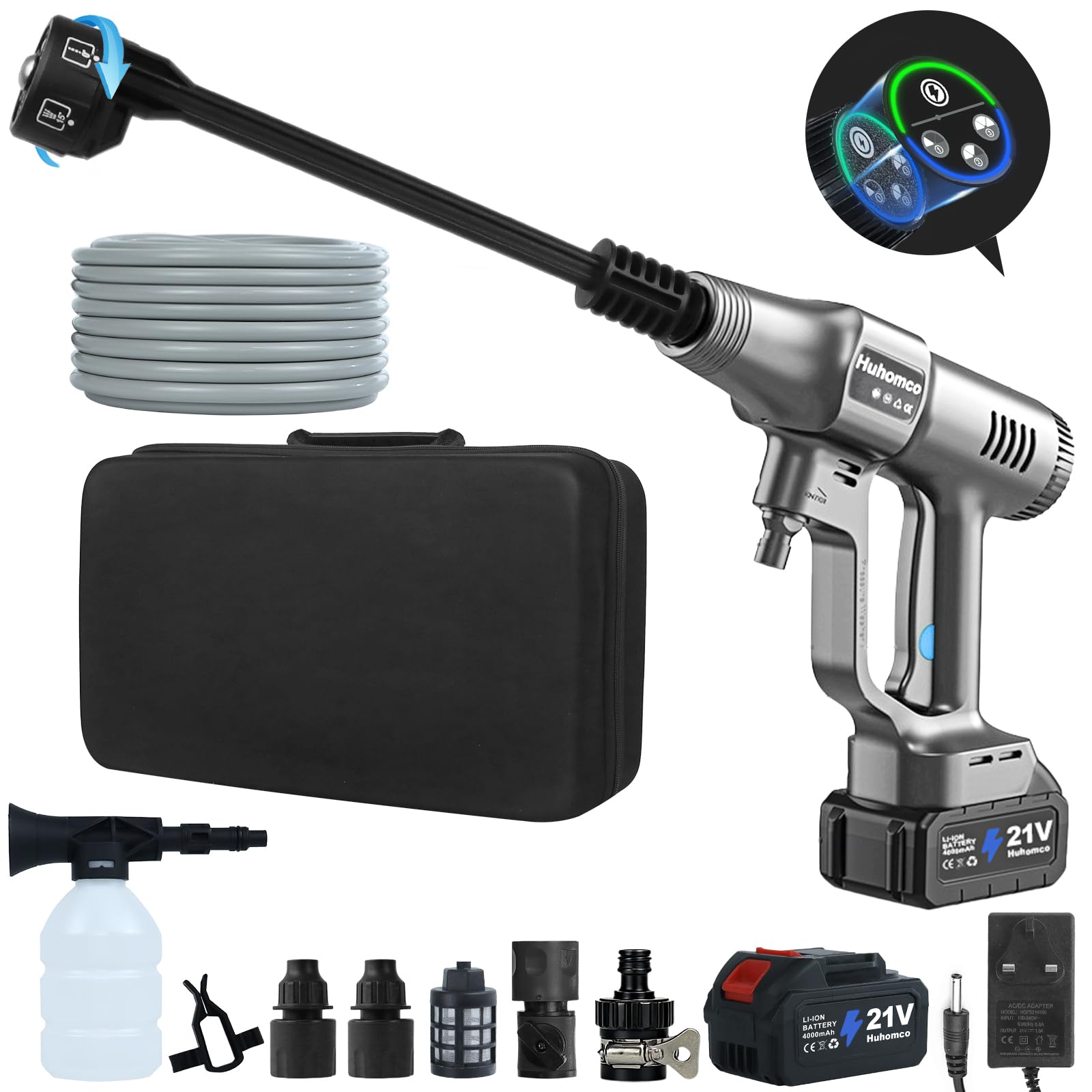 Huhomco Cordless Pressure Washer 200 BAR Brushless, Portable Power Washer Jet Wash, Dual 4.0Ah Batteries, 6-in-1 Nozzle for Car Home Outdoor (Grey)