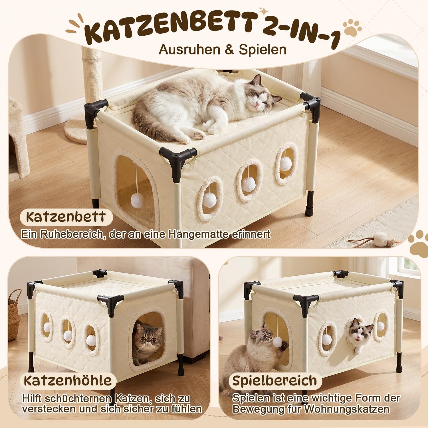 SlowTon Katzenhäuser für Hauskatzen – Überdachtes Katzenbett-Höhlenhaus mit hängenden Flauschigen Bällen & abnehmbarem Plüschmatte, einfache Montage, Katzenversteck für mehrere große und kleine