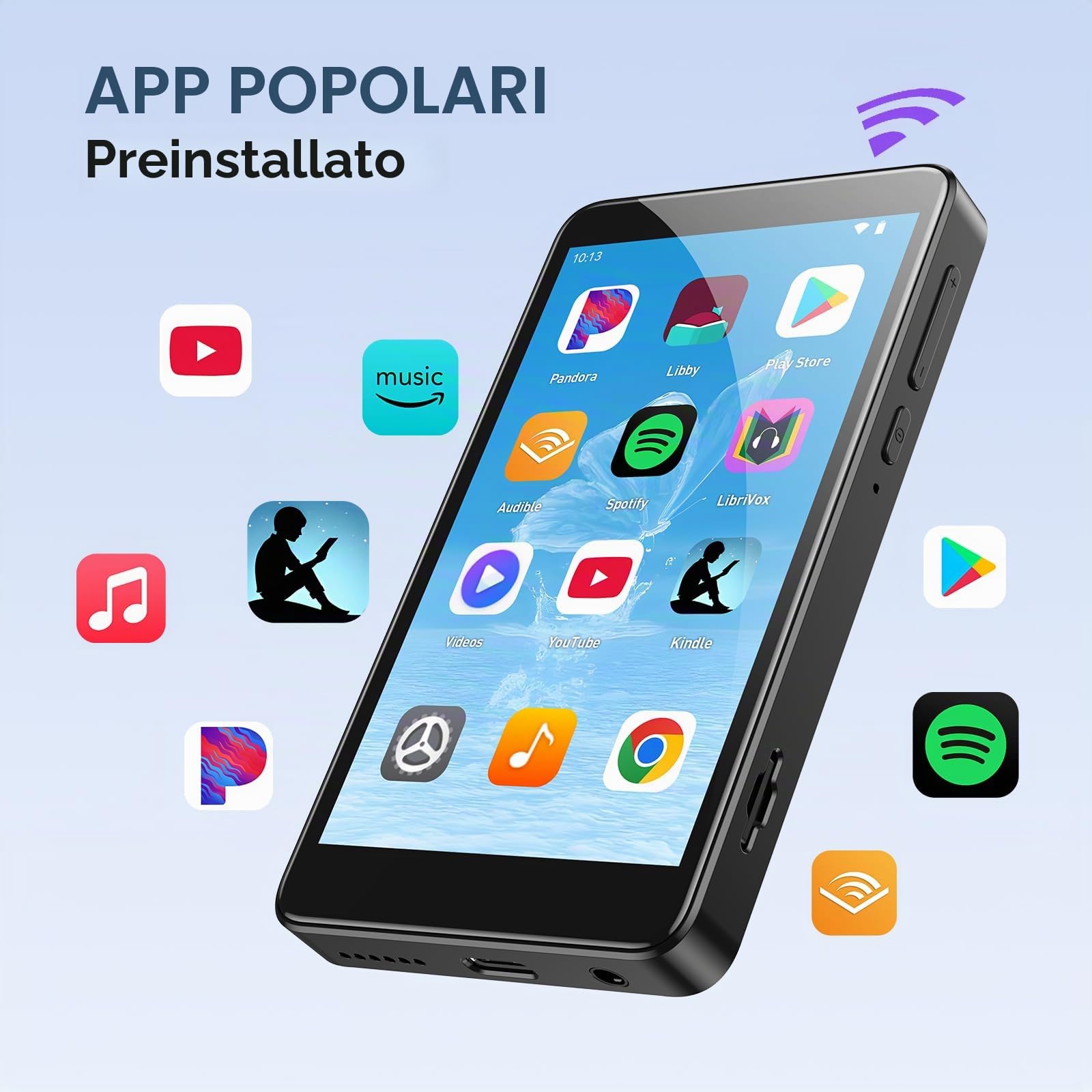 AGPTEK Lettore MP3 da 96 GB con Bluetooth e WiFi | 4'' Android 14 MP4 Lettore musicale con Spotify, Audible, App Store, fino a 1 TB, nero