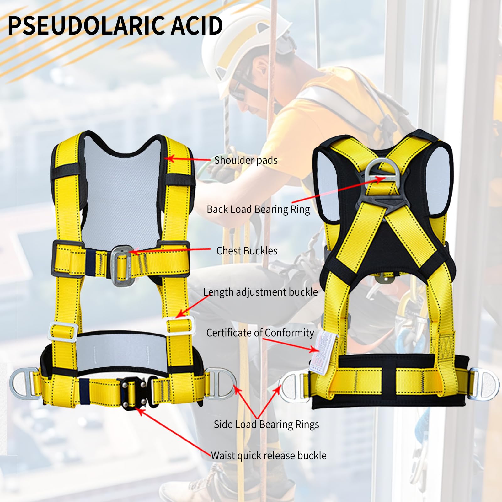 Imbracatura di Sicurezza Anticaduta, Imbracatura Anticaduta con Spallaccio Staccabile Carico 90 kg, Ergonomica Regolabile Imbrago per il servizio di soccorso alpino all'aperto