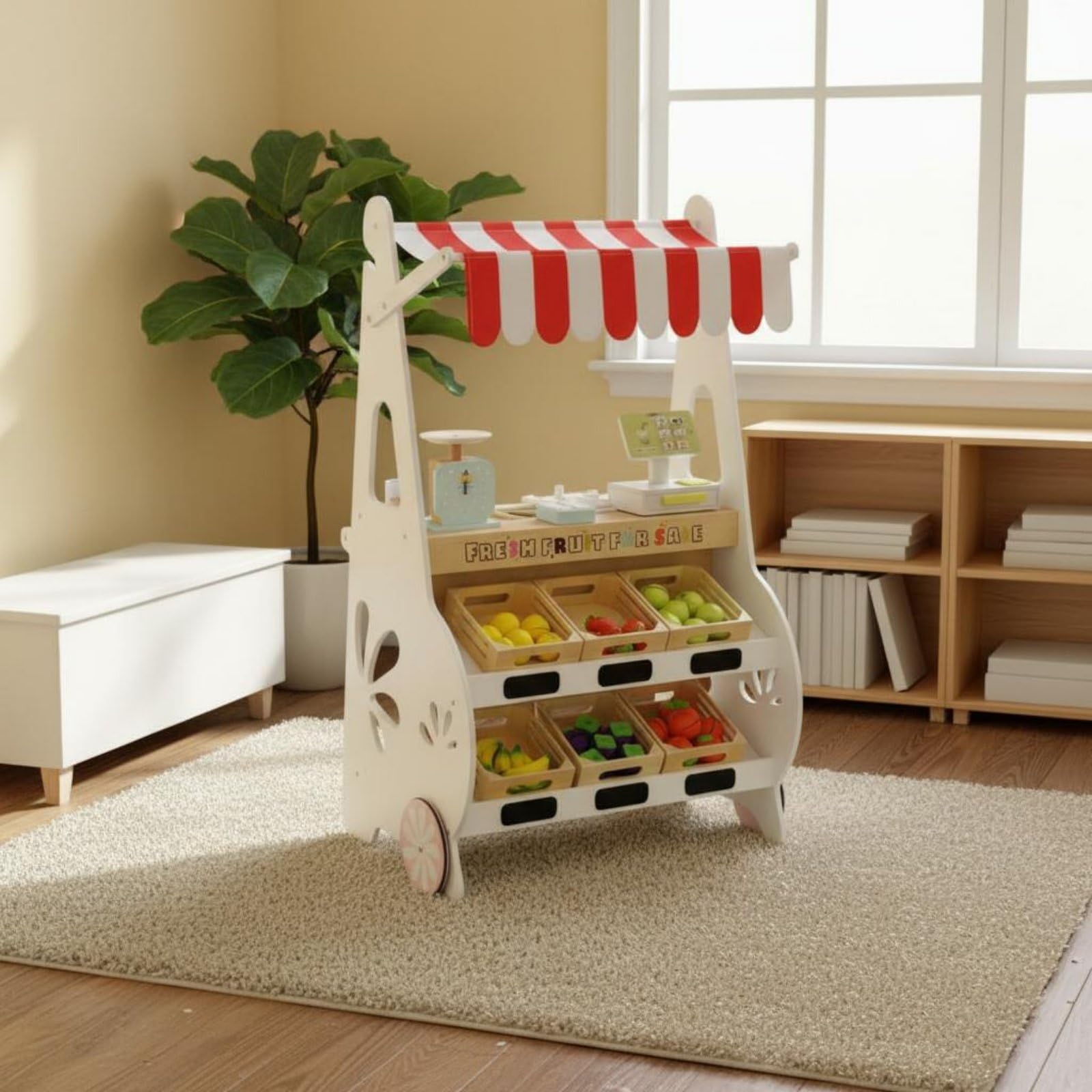 Harilla Kinder Kaufladen Holz Marktstand Spielset Obstregal Rollenspiel Zubehör Inklusive Ausziehbox Räder Tafel für Vorschule Spielzimmer Gemeinsames Spielen