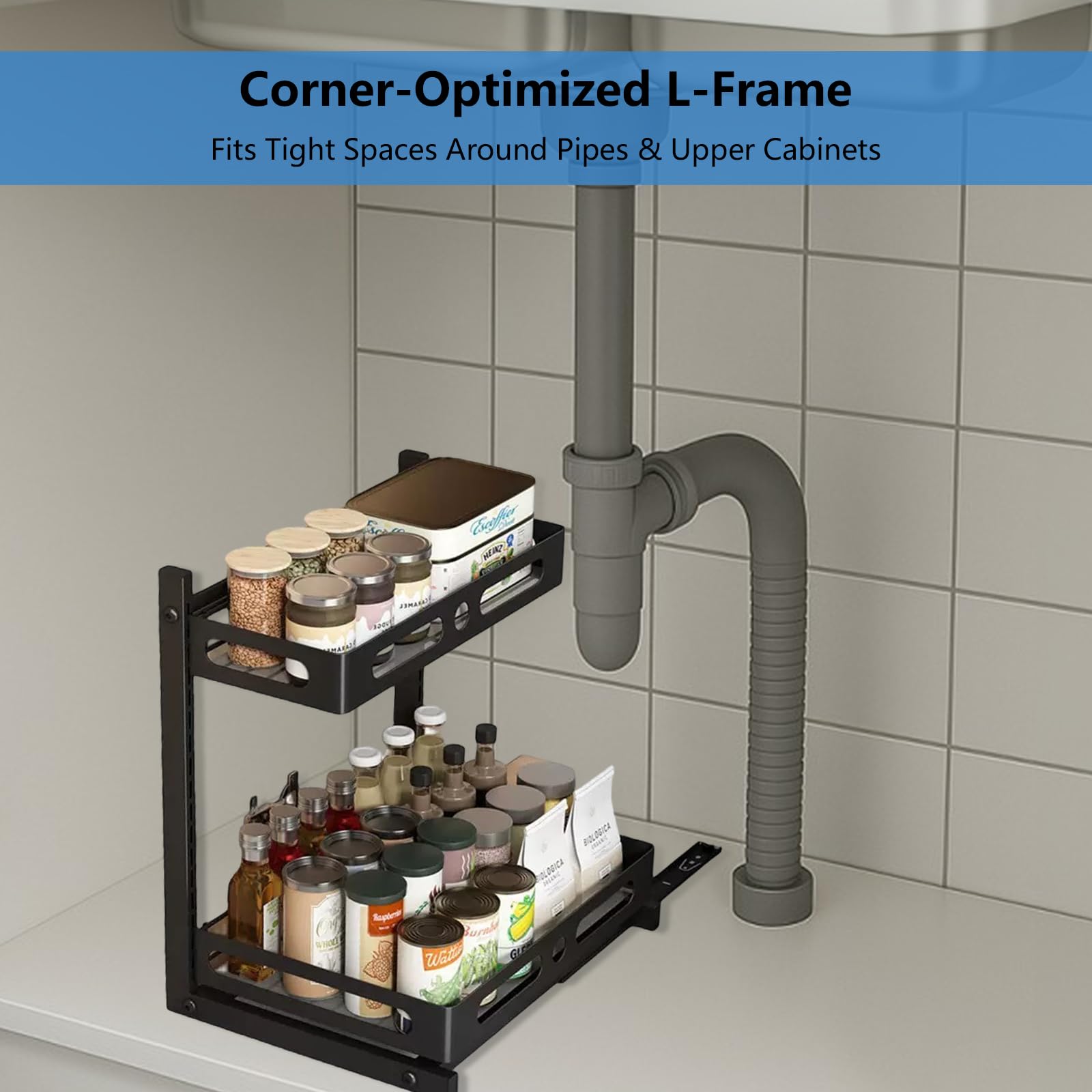 VINATO Rangement sous Evier Cuisine, 2 Niveaux étagère Organisateur Coulissant, Hauteur RéGlable Tiroir, Placard Organisation Pour Salle de Bain, Salle, Meuble, Noir