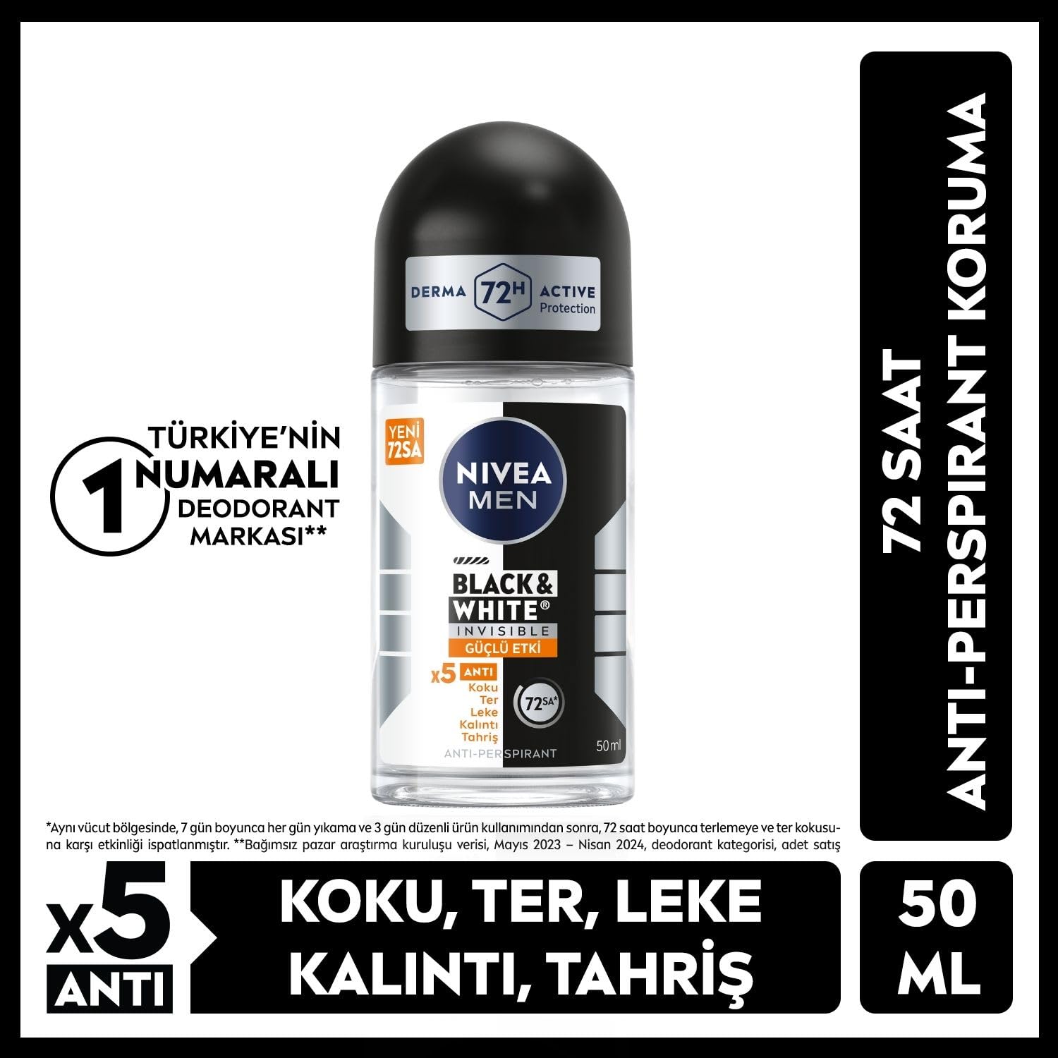 NIVEA Men Erkek Roll On Deodorant Black&White Invisible, 50 ml + NIVEA Men Erkek Roll On Deodorant Black&White Invisible Fresh 48 Saat Anti-Perspirant Koruma, 50 ml X2