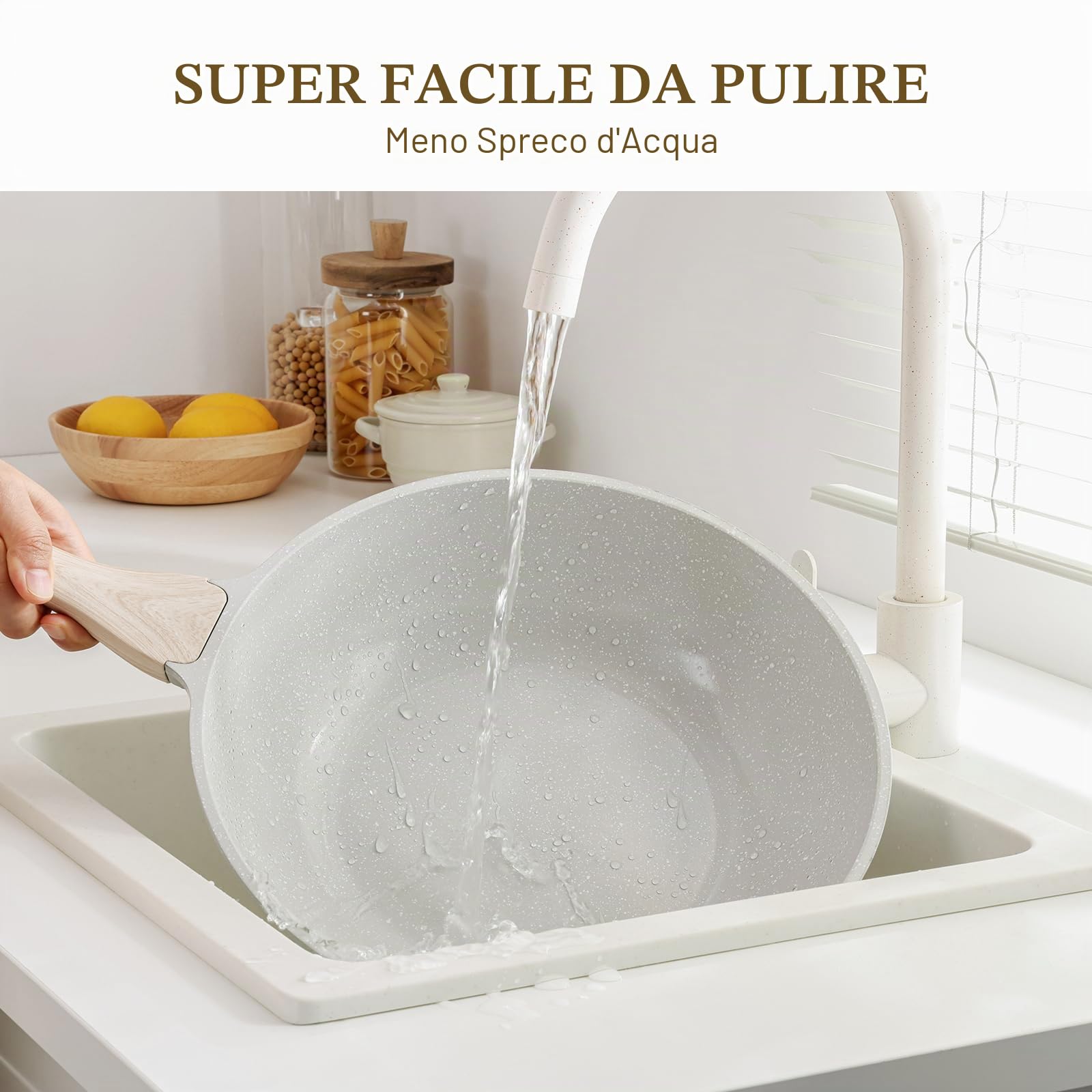 Kordisen Wok Ceramica 30 cm, Wok a Induzione con Coperchio, Rivestimento Antiaderente, Adatto a Tutti i Piani Cottura, Senza PFOA e PFAS (Grigio)