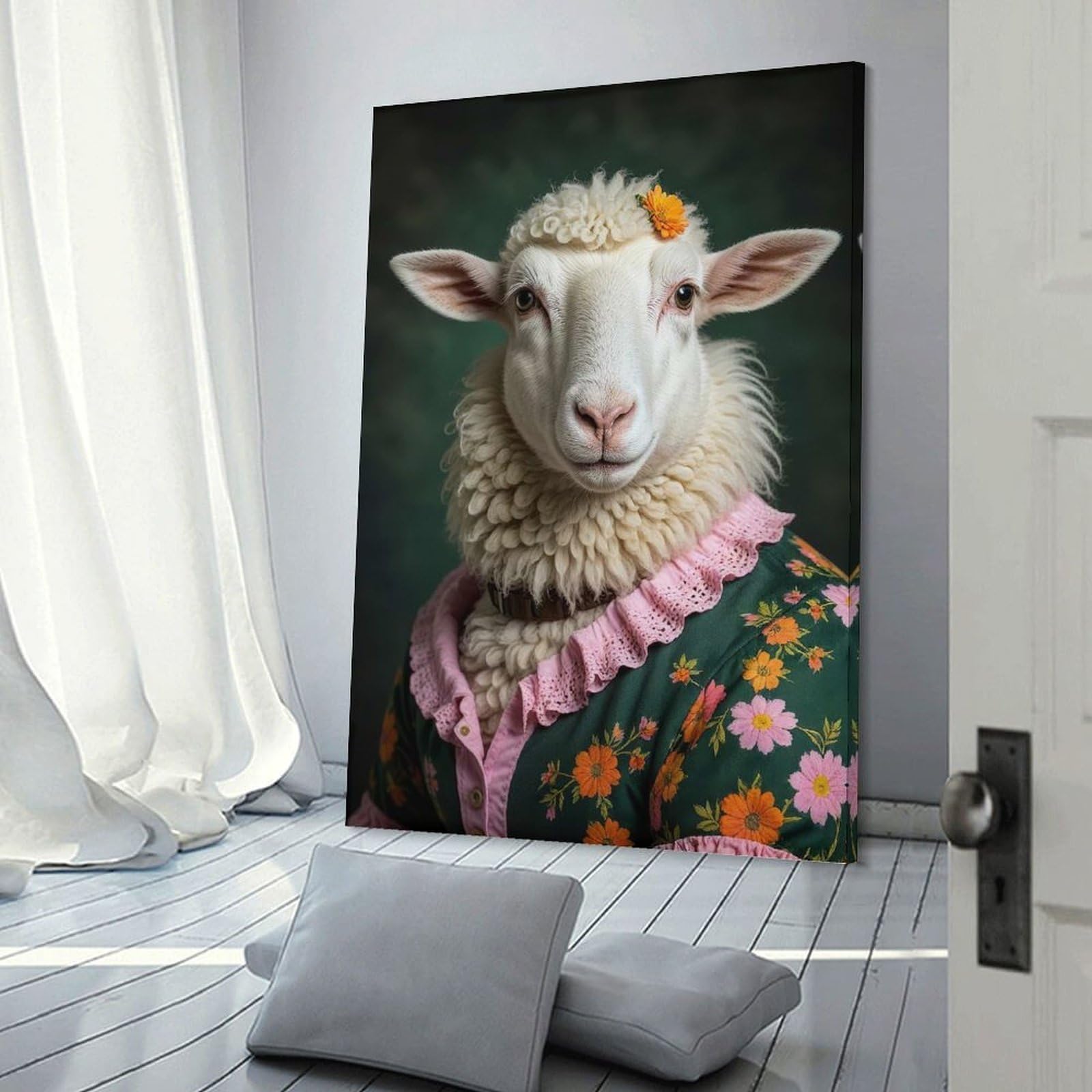 Junmoney Sheep in Floral Dress Canvas Wall Decor 24x36inch(60x90cm), for Calm Bedrooms, Home Corners Or Flats, An Easy Wall Refresh for Bedrooms