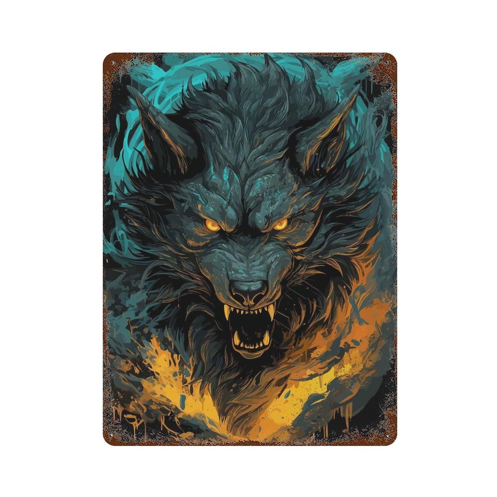 Fenrir Wolf Norse Myth 15.7"x11.8" Rust Effect Tin Sign, Decorative Metal Wall Art for Garage, Bar And Workshop Decor
