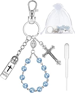 Holy Water Bottle Keychain Gift with Rosary Bead Crucifix Eyedropper Organza Bag, Catholic Rosary for Xmas Party(Light Blue,Classic)