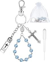 Holy Water Bottle Keychain Gift with Rosary Bead Crucifix Eyedropper Organza Bag, Catholic Rosary for Xmas Party(Light Blue,Classic)