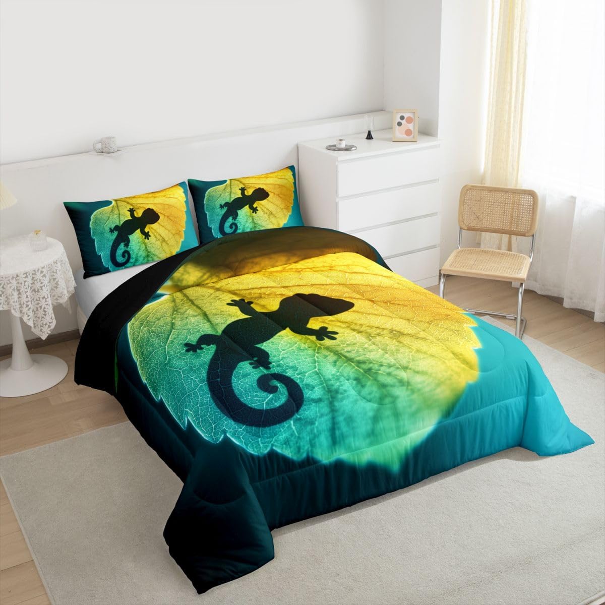 Feelyou Gecko Print Comforter Animal Bedding Set Green Leaf Comforter Set for Boys Girls Teens Decor Nature Duvet Set Twin Size Boys