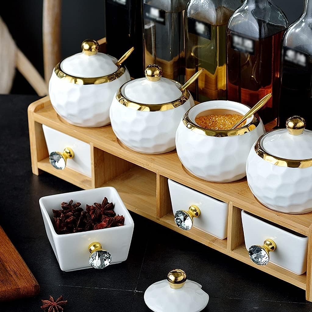 Condiment Set Seasoning Box Condiment Jar Ceramic Condiment Container Set Seasoning Container Glass Oil Bottle Set Spoon Spice Container With Lid Kitchen Salt and Sugar Container Sets Condiment Pot