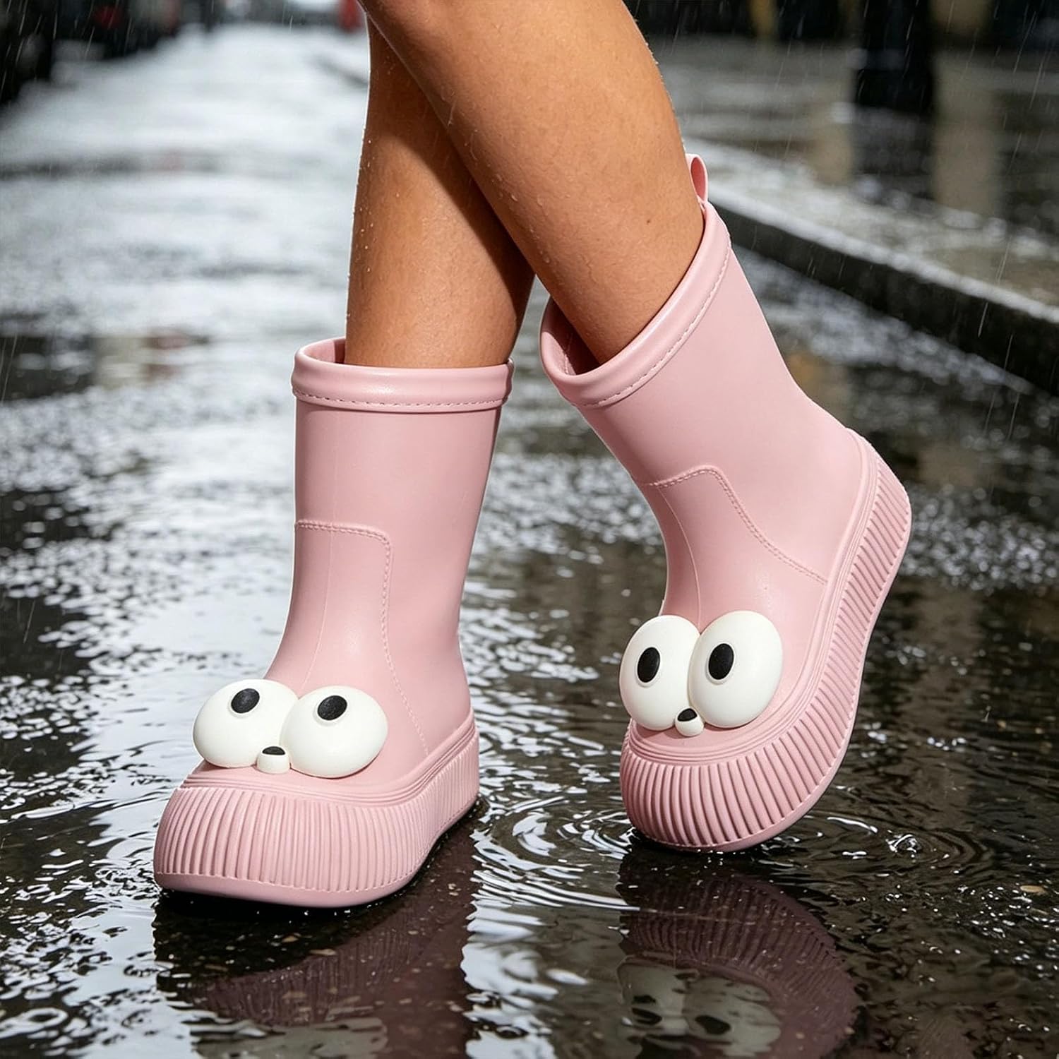 Ladies Cute Big Eyes Mid Calf Rain Boots Waterproof Non Rubber Outdoor Shoes