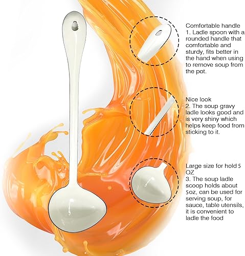 Miniatura 3 de Cucharas de sopa blancas de 13.7 pulgadas, cucharas de cocina grandes de acero esmaltado, cucharones de salsa para servir