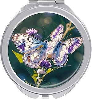 Espejo compacto de mariposas blancas y morada...