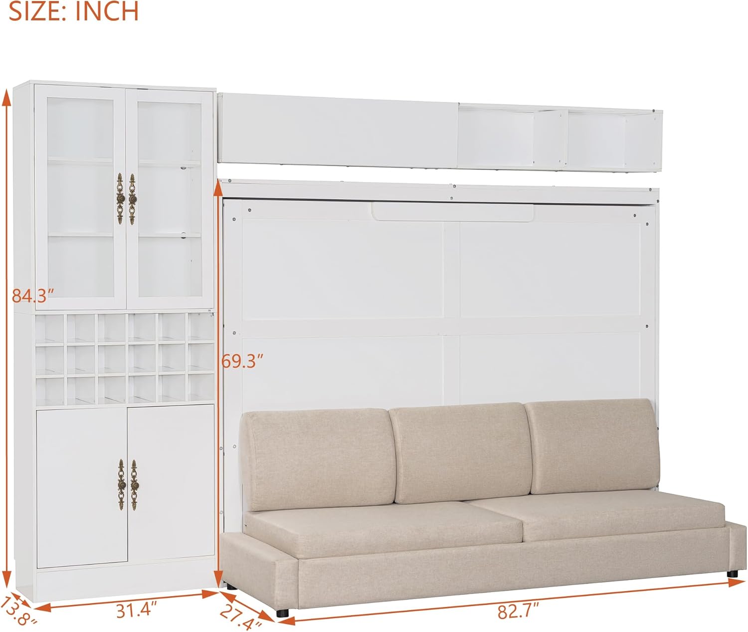Merax Queen Size Murphy Bed Wall Bed with Sofa, Shelves, USB & Light - Space Saving Foldable Bed for Small Apartments, White Queen White