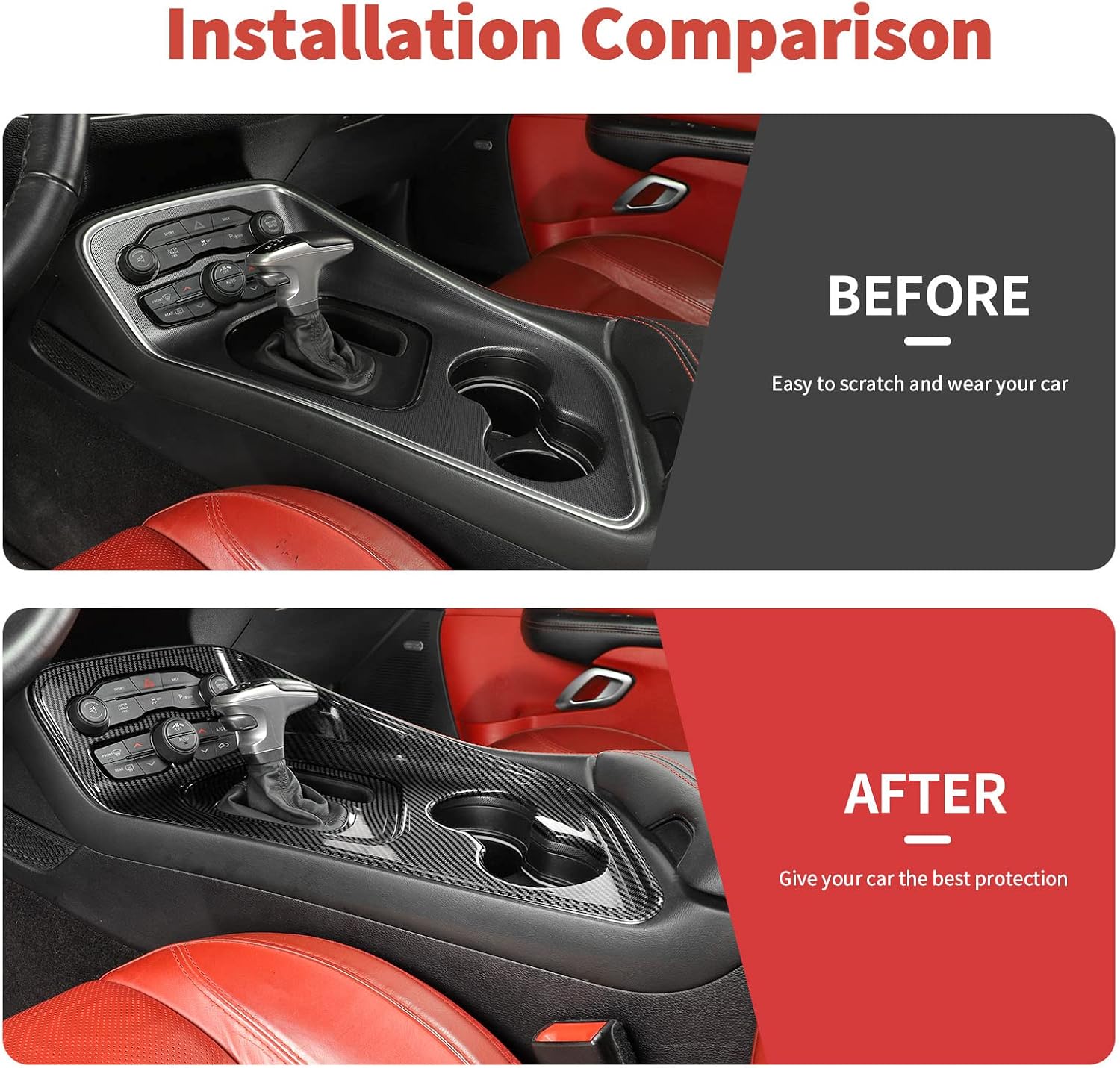 Carbon Fiber Center Console Gear Shift Panel Cover Trim Kit 2Pcs Compatible with 2015-2023 Dodge Challenger