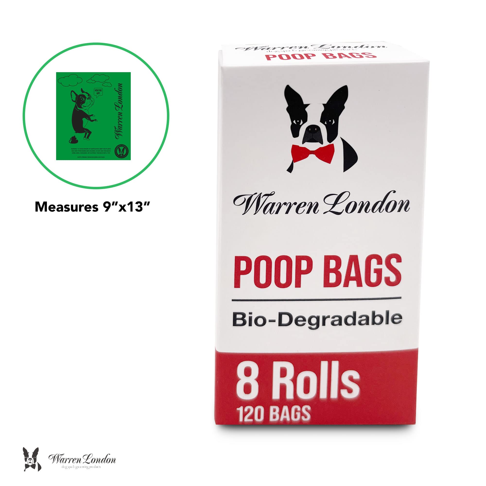 Warren London Bolsas de caca para perros y mascotas, bolsas biodegradables para caca de perro para limpiar residuos de mascotas | Caja de 8 rollos