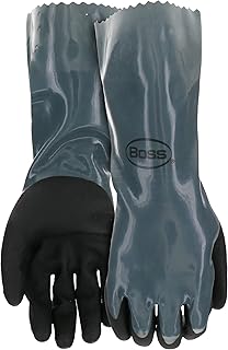 Boss Unisex Chemical Guard with 14 inch Extended Gauntlet Cuff Safety Gloves, Flat Nitrile Dip with Sandy Nitrile Finish, Chemical Resistant, Water Resistant, Large, Black/Navy, (B11011-L)