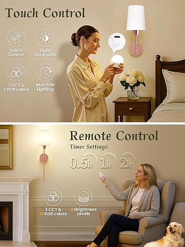 Miniatura 4 de Juego de 2 apliques de pared con pilas, luces de pared inalámbricas de oro rosa con bombillas magnéticas recargables y control remoto, regulables y