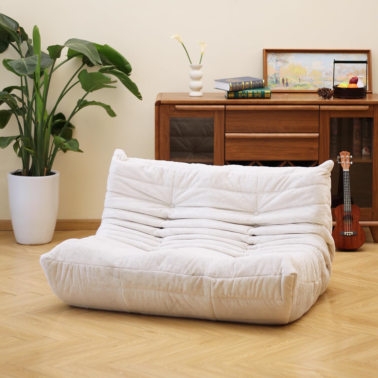 N&V Fireside Chair, Mid Century Armless Floor Sofa, Soft Premium Chenille Floor Lounge Chair, Foam Sofa Accent Chair for Living Room Bedroom and Office (White, Loveseat)