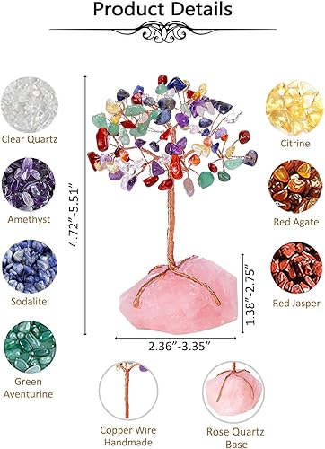 Miniatura 6 de Top Plaza Árbol de 7 chakras con cristales curativos para decoración de escritorio, oficina, envuelto en cobre en base de cuarzo rosa natural, Feng