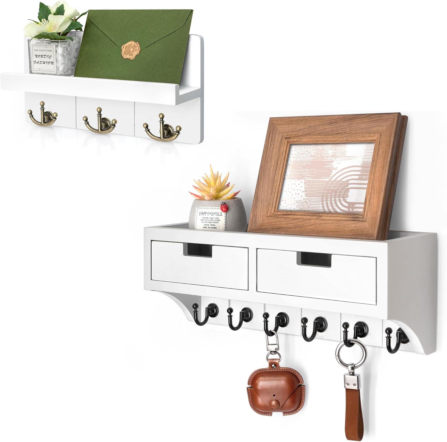 Rebee Vision Modern Farmhouse Key Holder Wall Mount Duo - Key and Mail Holder for Wall with 2 Drawer Organizer and Floating Shelf - Entryway and Home Decor Essentials (White)