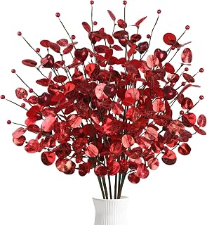 Agusbagli 6 Pcs Valentines Day Decor, 38" Valentine’s Day Picks Red Artificial Berry Eucalyptus Leaves Stems with Red Hearts Valentine’s Day Decorations for Home Anniversary Wedding Vase