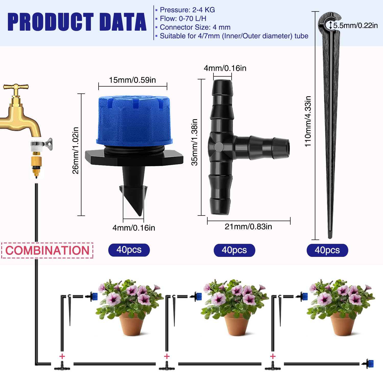 8 Hole Dripper + T Connector + Bracket - Blue