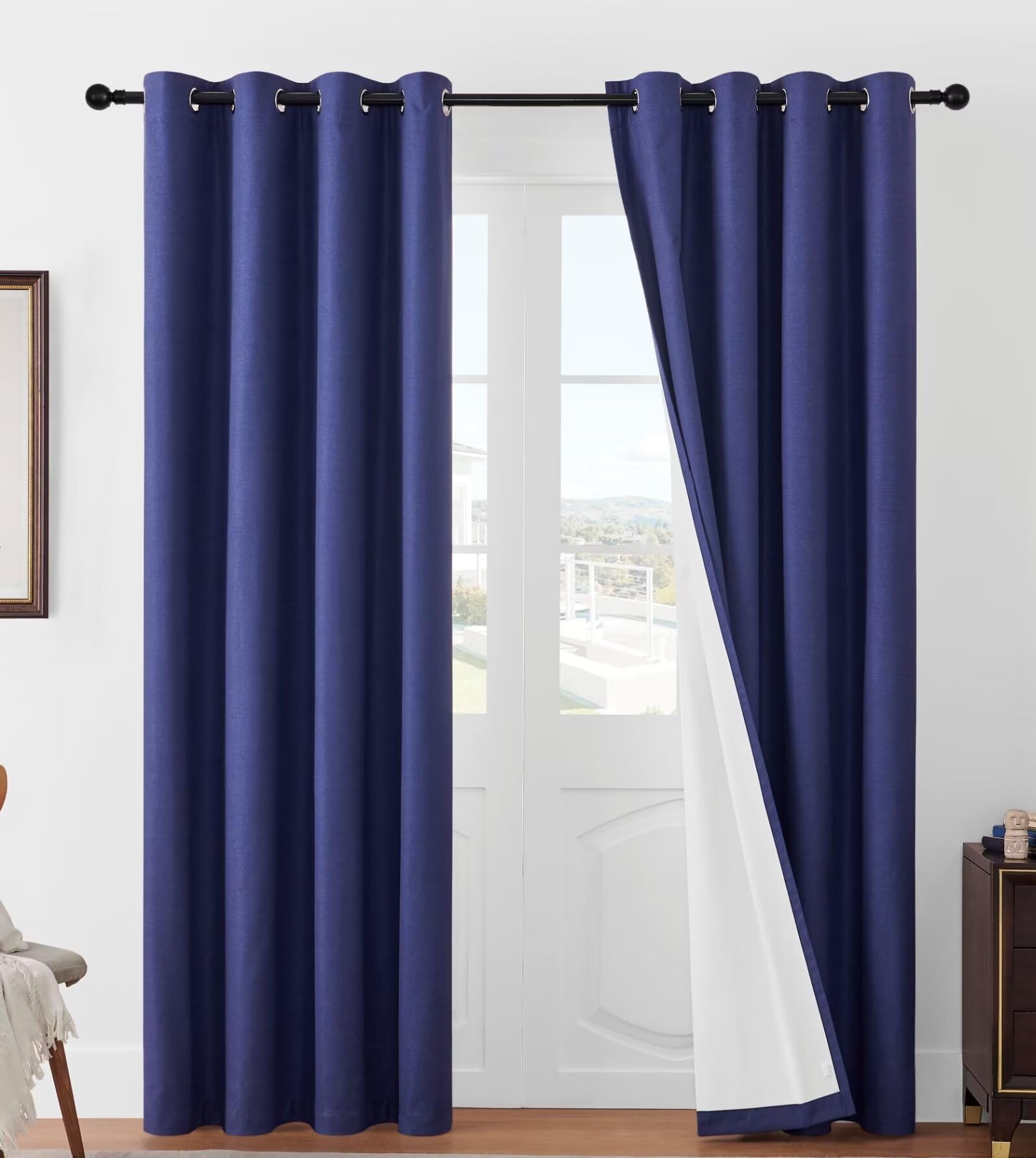 Joydeco Linen Blackout Curtains for Bedroom 84 Inches Long Grommet Heavy Duty Living Room Drapes Thermal Insulated Noise Reduce Cancelling Curtains 2 Panels W52 x L108 Inch Navy Blue