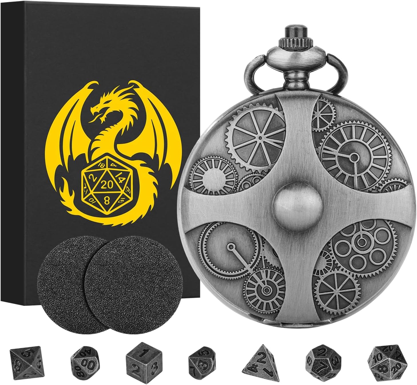 Juego de Dados Mini DND, Caja de Reloj de Bolsillo Steampunk Engranaje, Juego de Dados D&D de Metal Poliédrico de 7 Piezas, Mazmorras y Dragones Regalos, Accesorios para Juegos de Mesa, Plata Oscuro