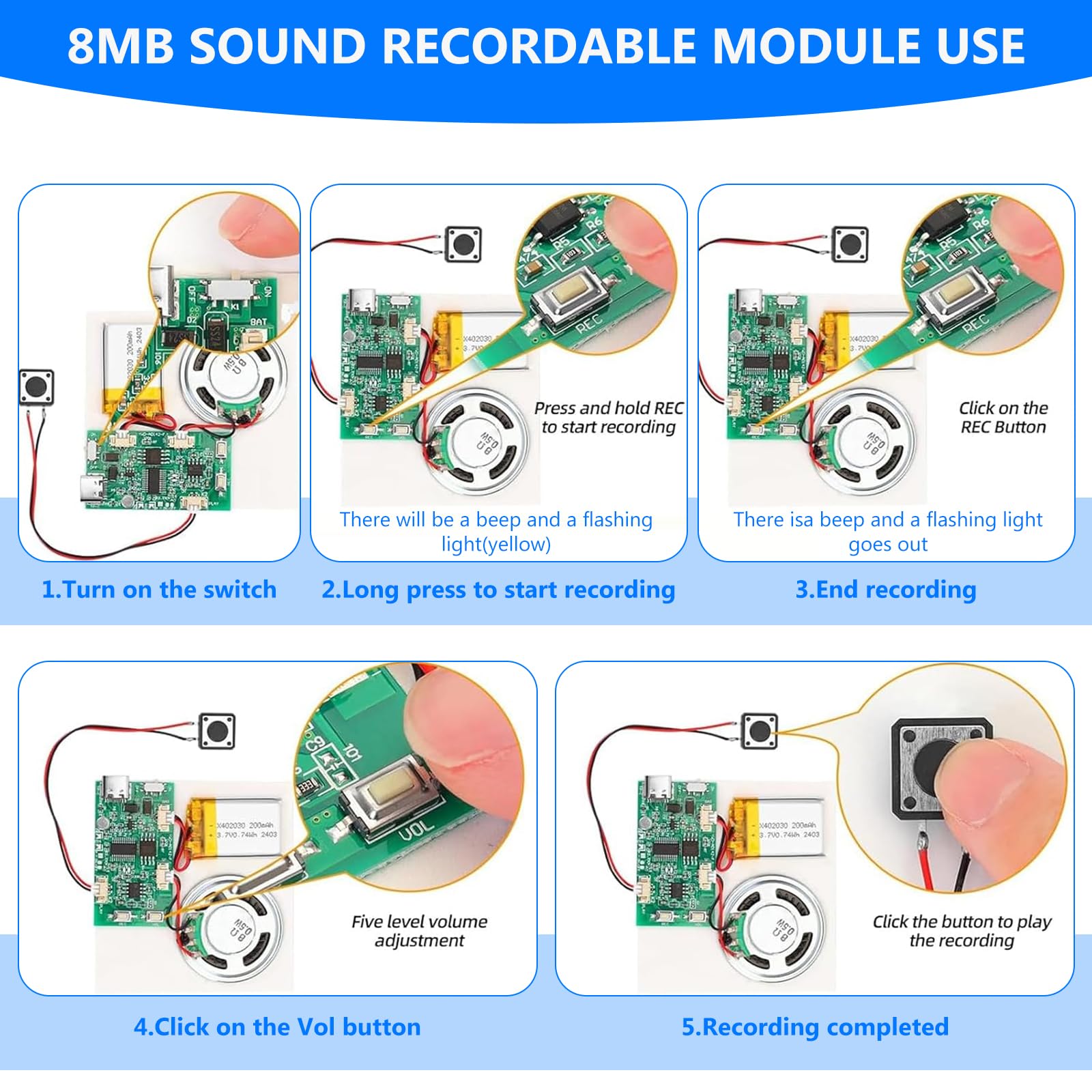 Zestaw 3 modułów dźwiękowych USB MP3 z głośnikiem, nagrywanie głosu, akumulator, do 8 m