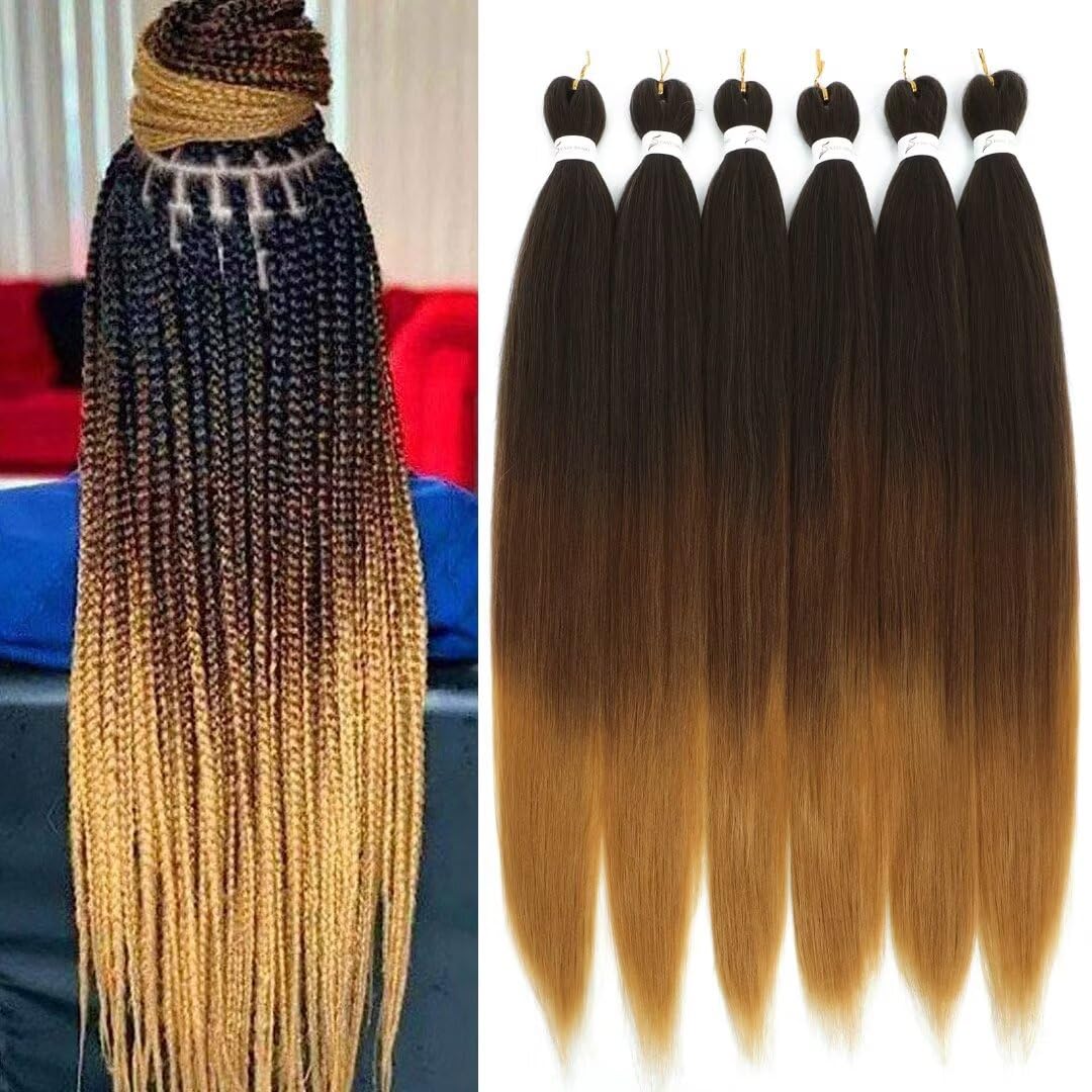 Pre Stretched Braiding Hair 36inch 6Packs Ombre Brown Honey Blonde Braiding Hair Pre Stretched For Black Women 1b/30/27 Soft Yaki Straight Braids Hair