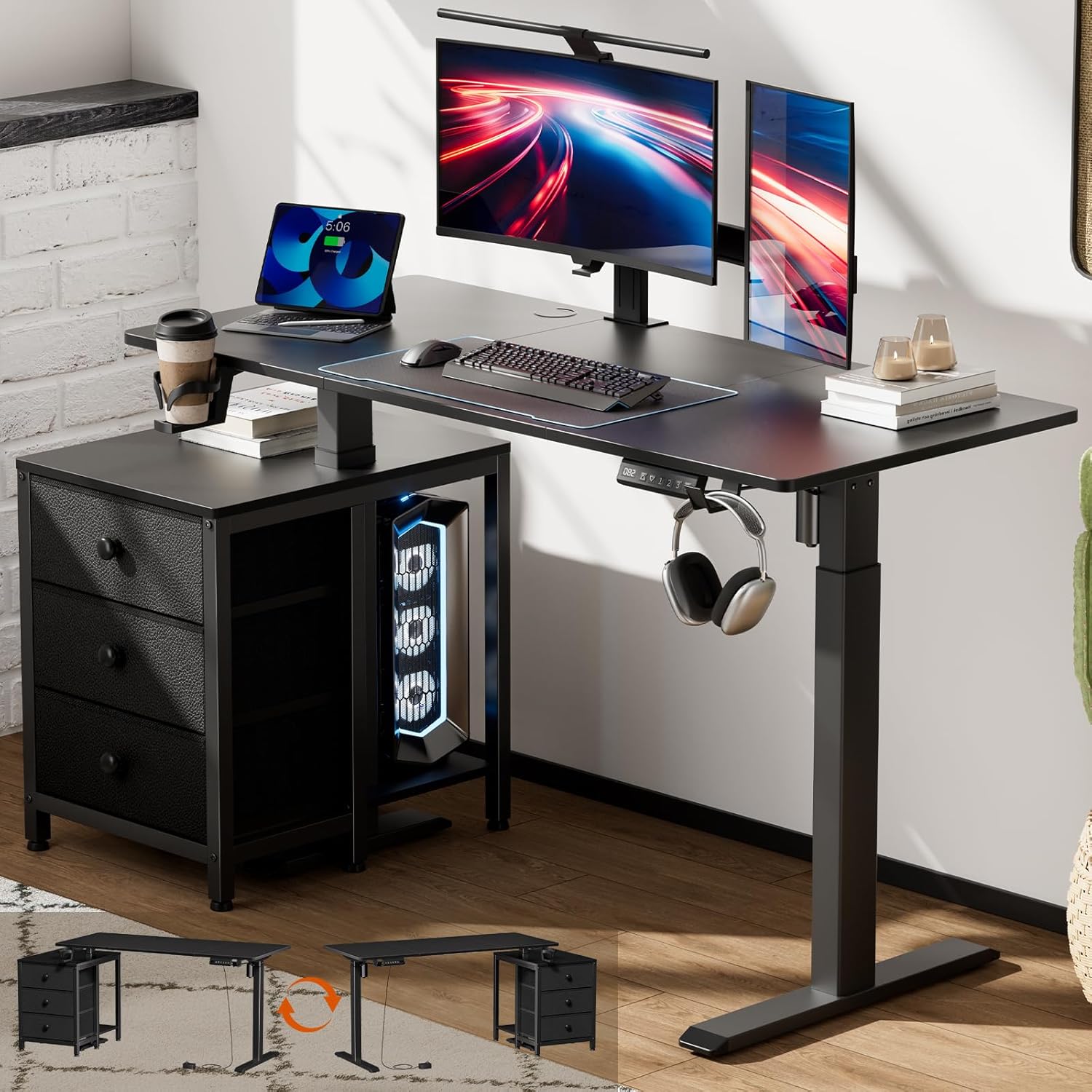 REAHOME Electric Standing Desk with Drawers, 47 x 24 Inches Height Adjustable Sit Stand Desk with Storage, 3 Memory Preset Home Office Computer Desk, Printer Cabinet, Cable Management, Rustic Brown - Thumbnail 4