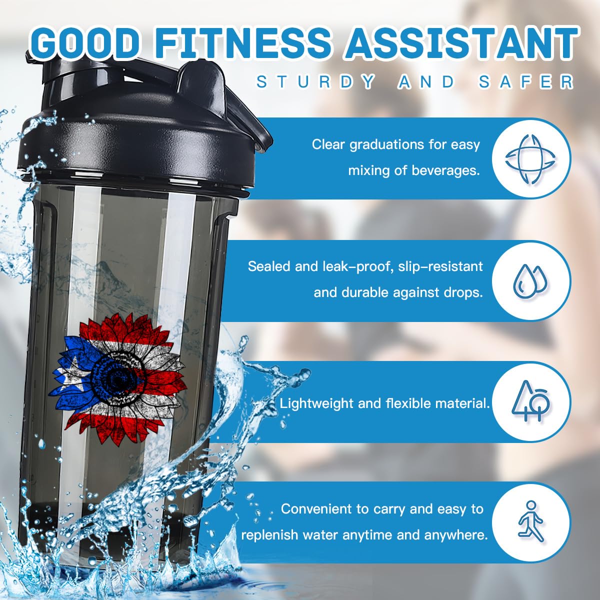 Vintage Sunflower Porto Rico Flag 18 Ounce Shaker Bottle Drink Mixer Leak-proof Pre Workout Protein Shakes Meal Replacement Shakes Bottles 500ML/18 Oz Black