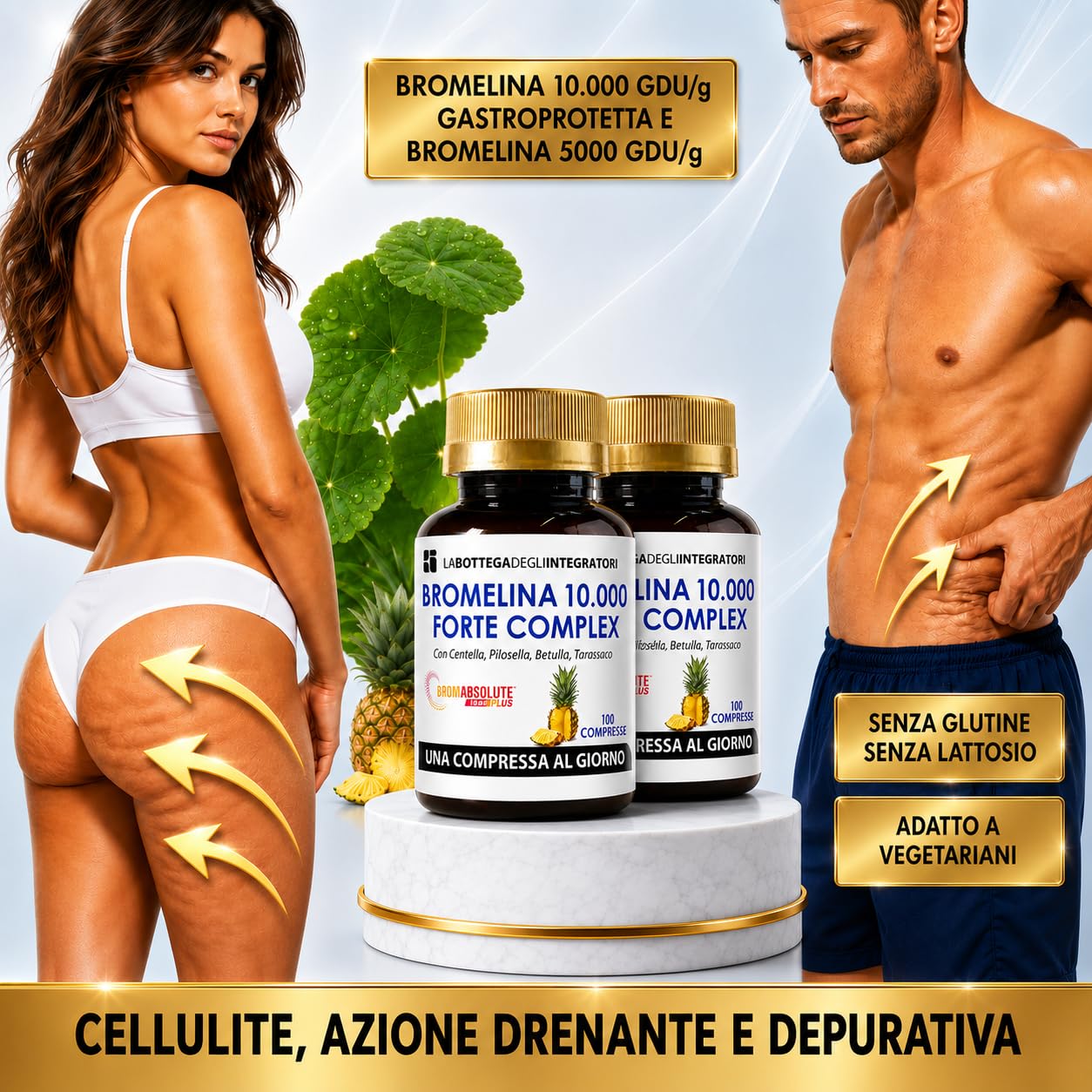 BROMELINA 5000 GDU/g con BROMELINA 10.000 GDU/g GASTROPROTETTA | TARASSACO CENTELLA PILOSELLA BETULLA | INTEGRATORE CELLULITE DRENANTE 200 Compresse 1 al dì