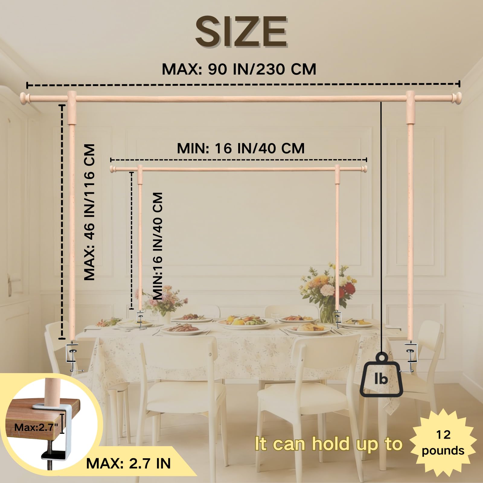 Beyeutao Supporto per Asta da Tavolo in Legno Regolabile Sopra il Tavolo Barra di Esposizione Sopra il Tavolo 40-120 CM di Altezza 40-230 CM di Lunghezza Supporto per Asta da Tavolo in Legno con