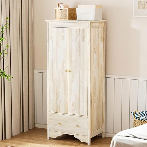 VINGLI Solid Wood Wardrobe Closet, Unfinished Wood Armoire Color DIY, Natural Rubber Wood Wardrobe Closet with Doors and Drawers, Real Wood Wardrobe Closet for Hanging Clothes, Wooden Wardrobe Cabinet