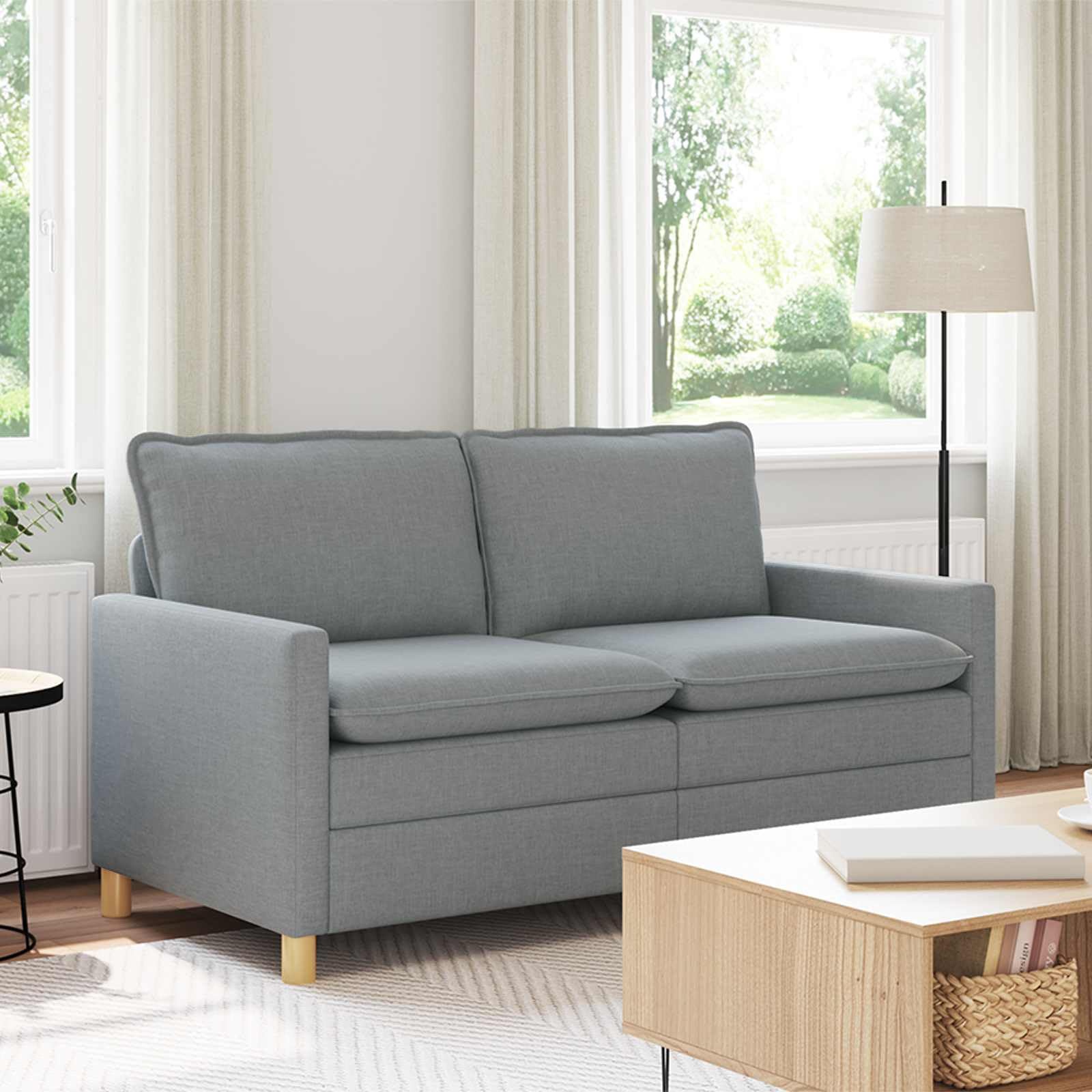 Hothingwell Sofa z tkaniny jasnoszarej 156 cm | Solidna metalowa rama, zdejmowane pokrowce, grube poduszki, płaskie podłokietniki, łatwa pielęgnacja