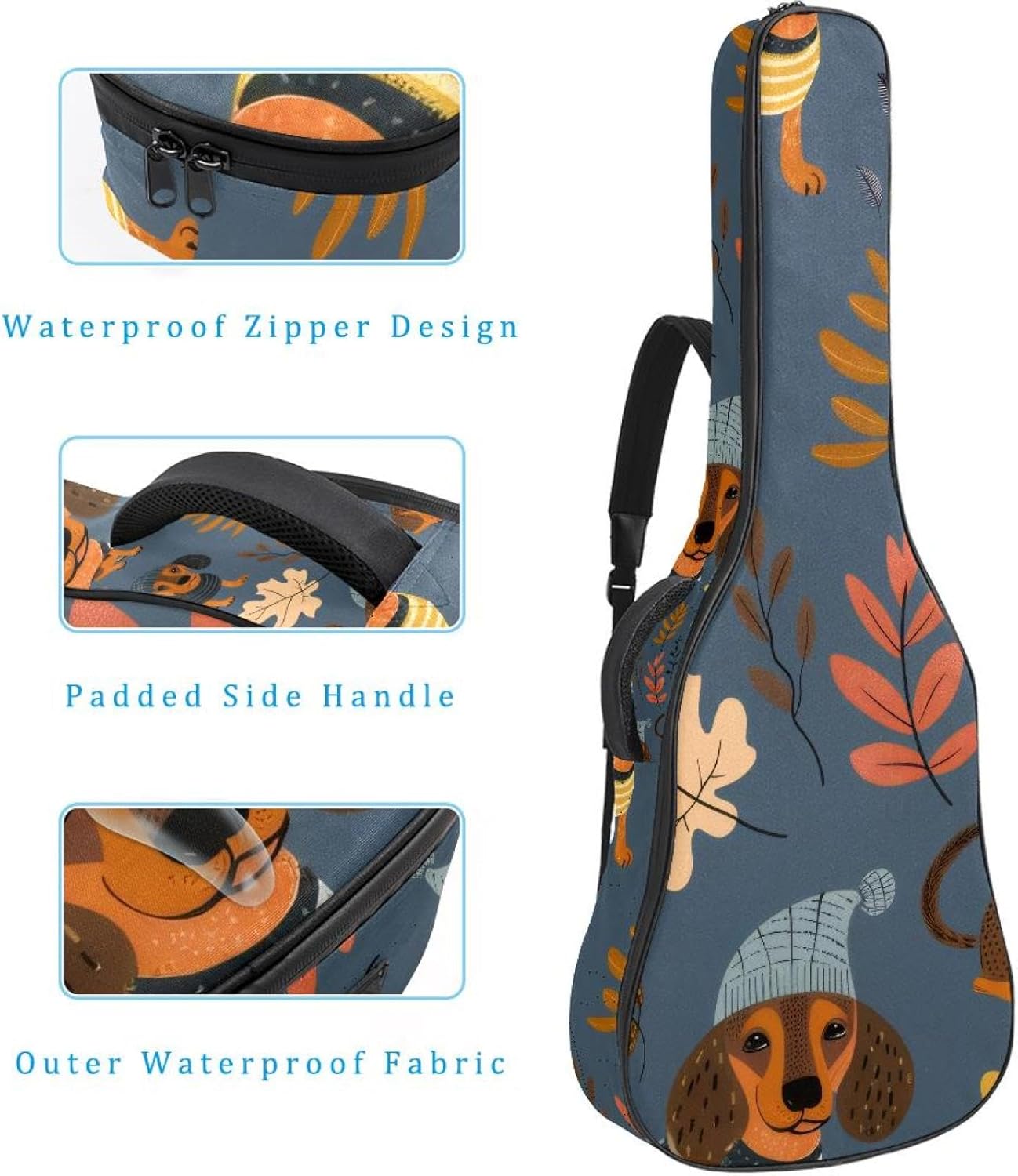 40 41 42 Inch Acoustic Guitar Bag, 0.4 In Thick Sponge Padded Guitar Case Gig Bag with Back Hanger Loop and 2 Pockets, Dachshund Dogs with Leaves