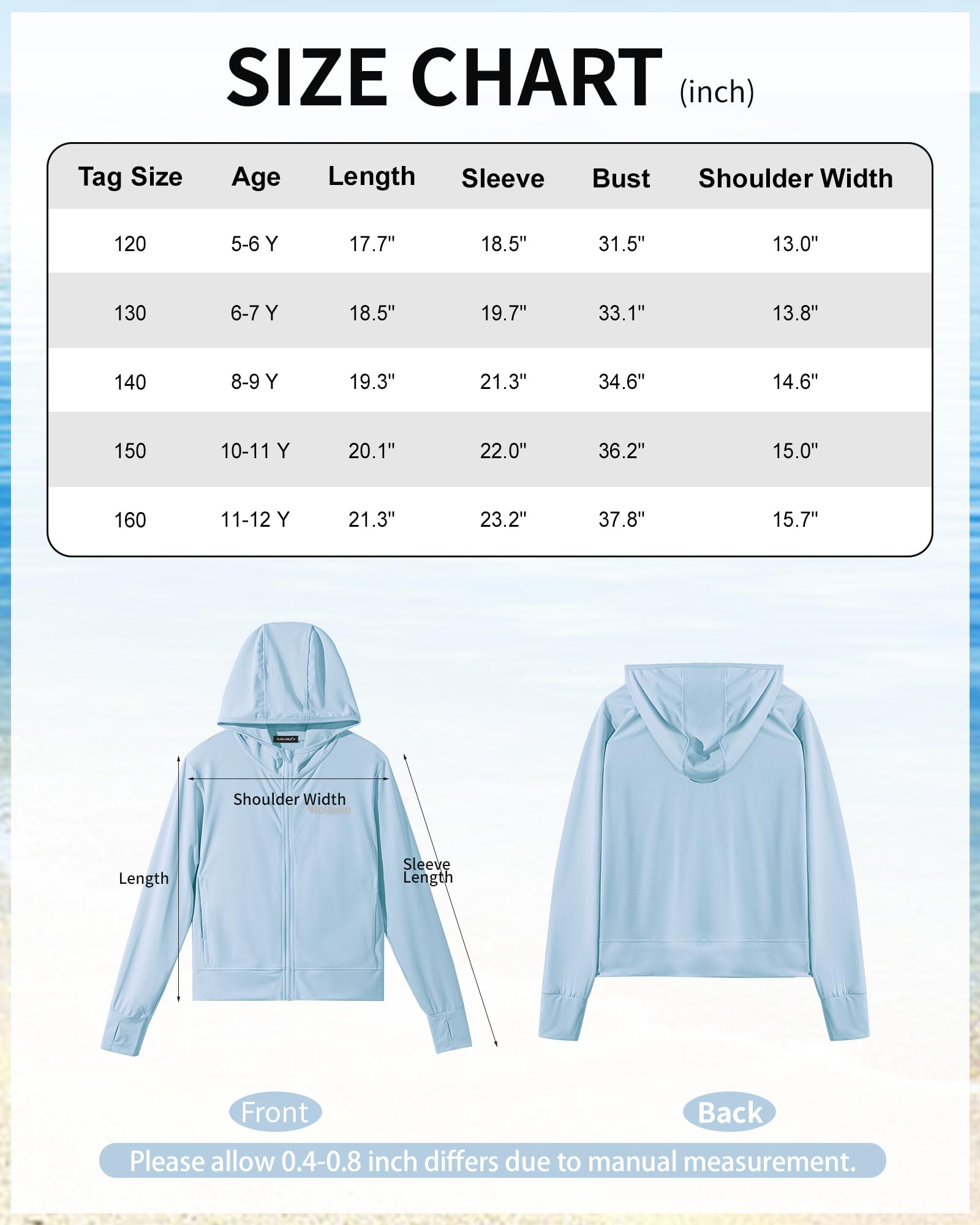 Rolanko Chaqueta de Verano para Niñas Agujeros para los Pulgares Manga Larga Protección Solar Secado Rápido Sudadera con Capucha y Cremallera Tops para Niños