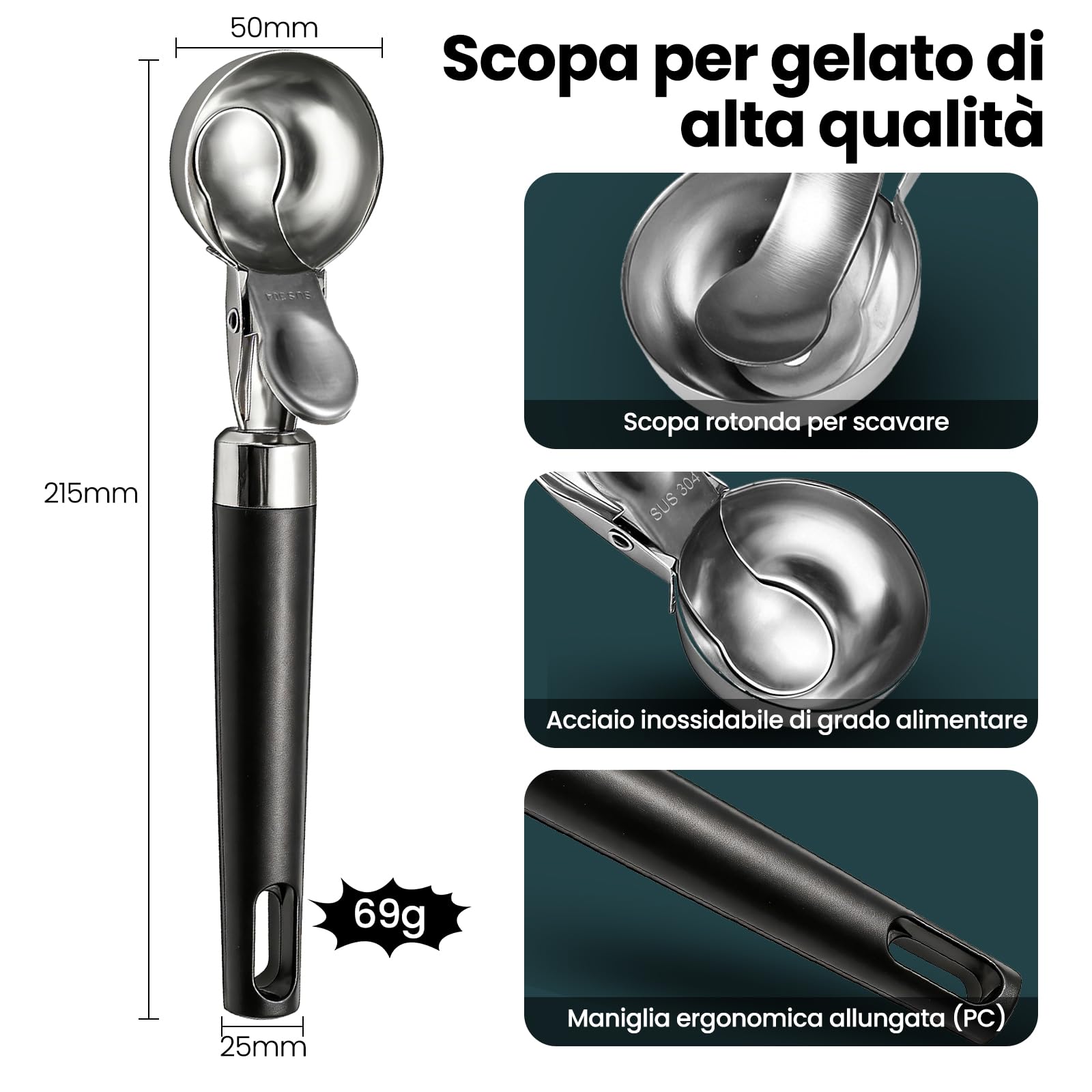 Porzionatore per Gelato in Acciaio Inox 21 cm - Cucchiaio per Gelato con Grilletto e Impugnatura Comoda, Antiadesivo