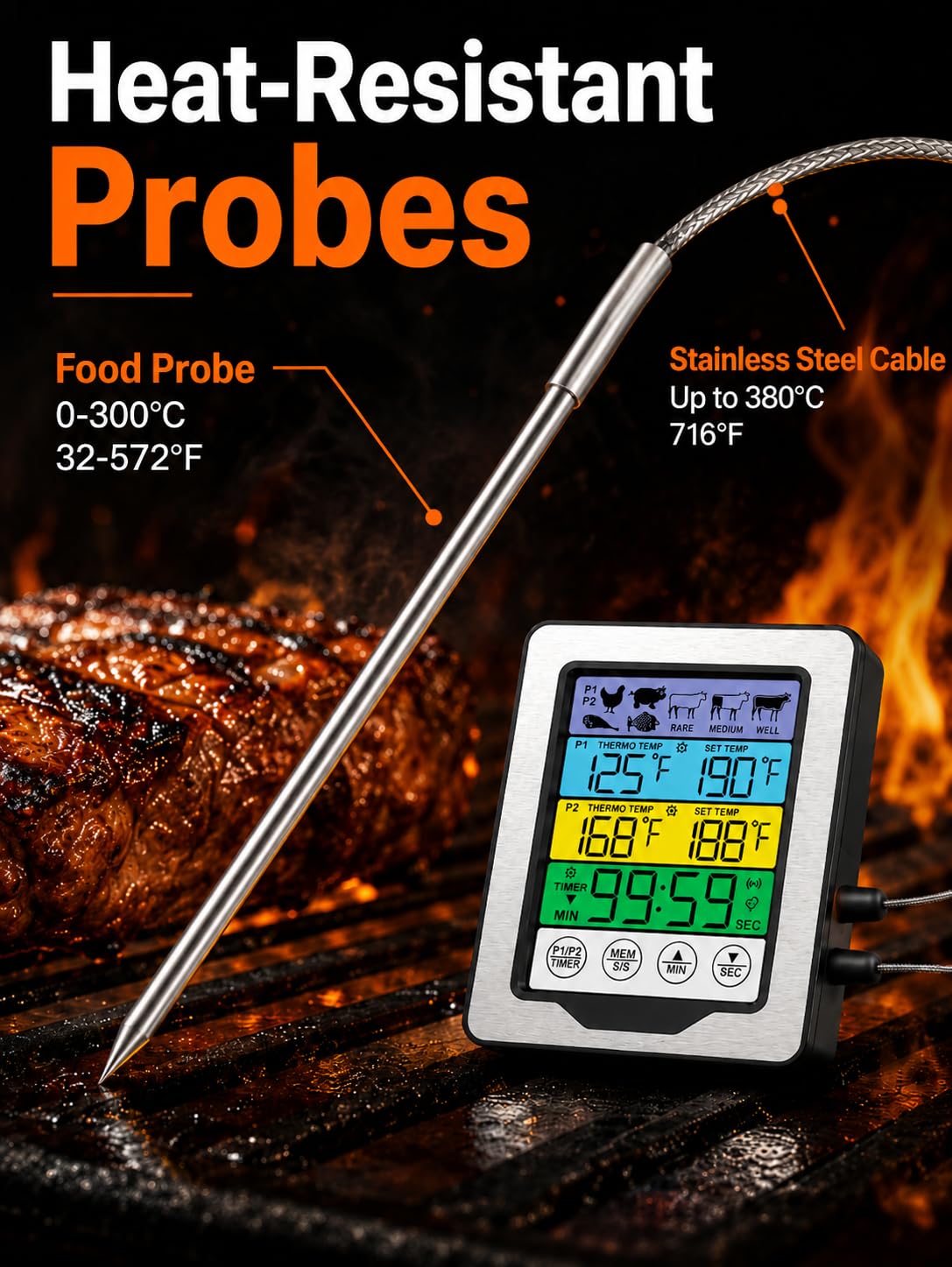 0-300℃/32-572℉ Termometro Digitale con Sonda, Termometri da Cucina, Termometro da Forno con Timer e Schermo Touch a Colori, per Cottura BBQ Alimenti Carne Forno Arrosto Griglia